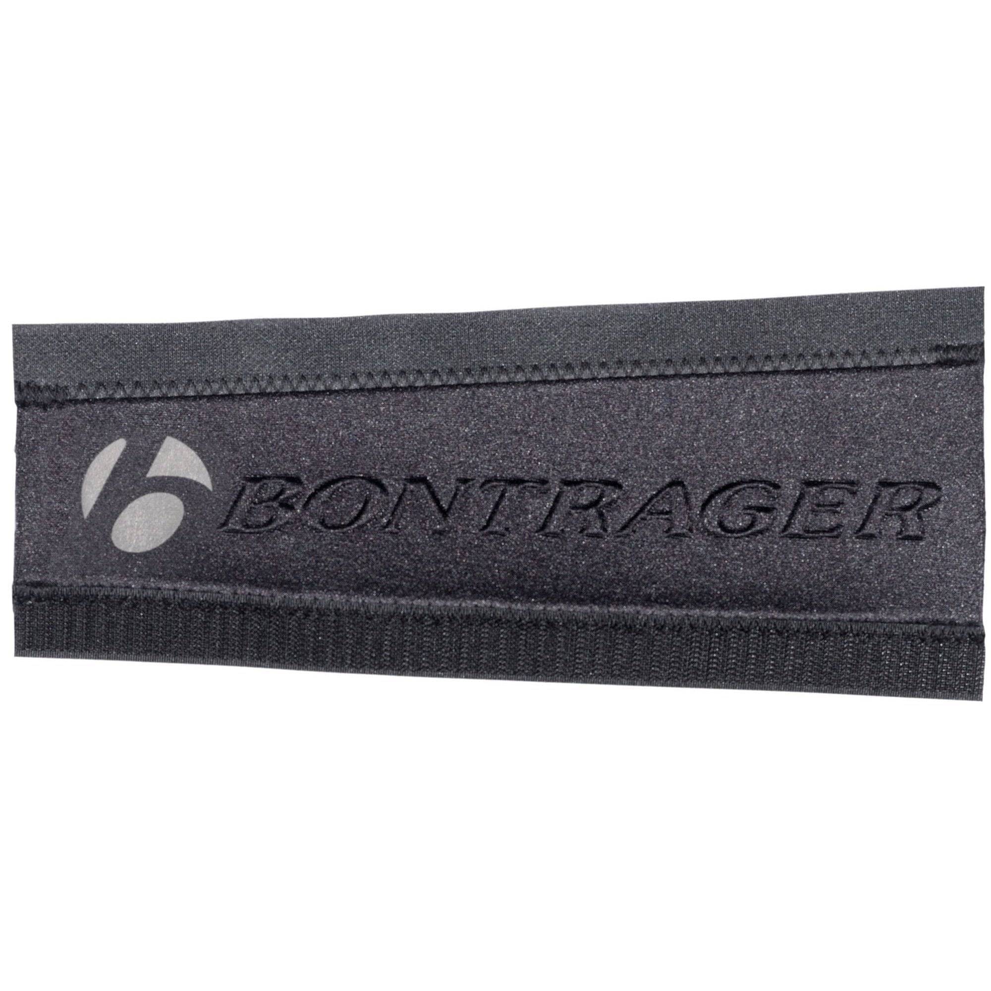Bontrager black long chainstay protector on bike frame, helps reduce noise and protects the chainstay from damage.