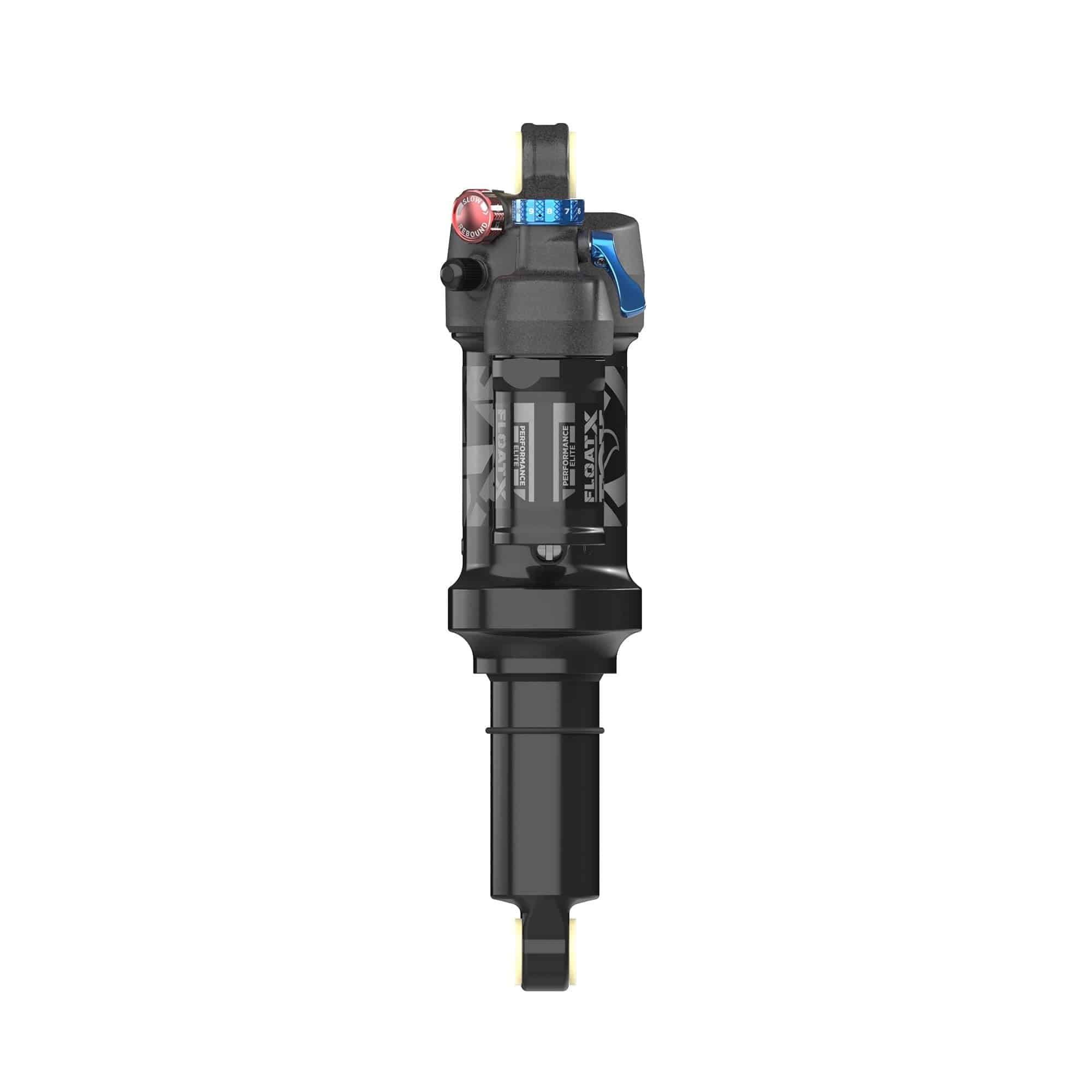Fox Float X Performance Elite rear shock for MTB trails with 2-position adjust, showing the shock's body and adjustment knob.