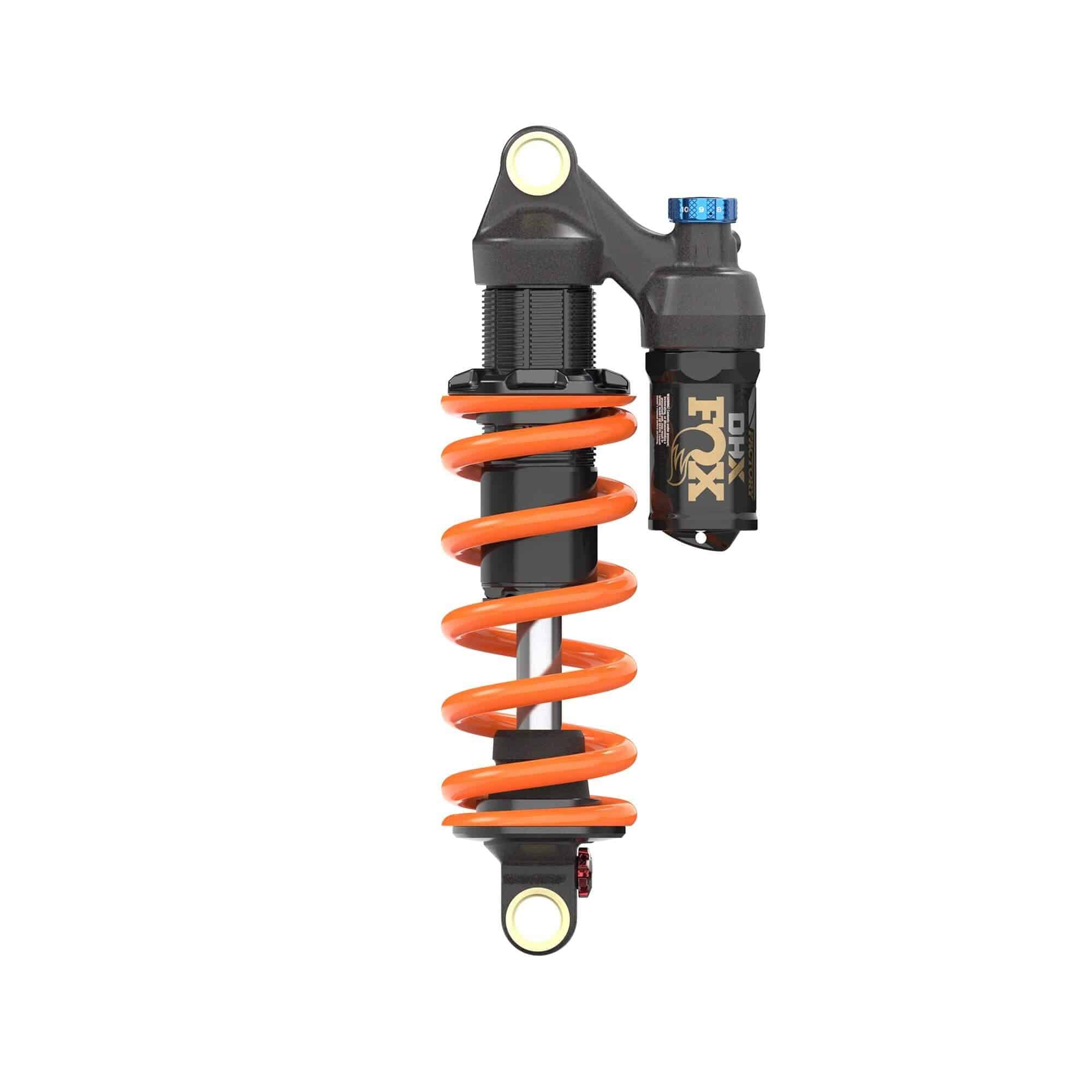 Fox DHX Factory 2-Position Adjustable Rear Shock Damper for coil suspension, showing the black shock with mounting hardware.