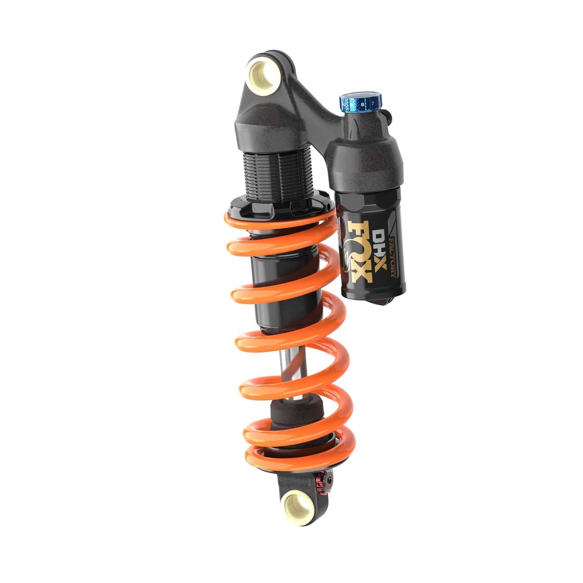 Fox DHX Factory adjustable rear shock damper for coil suspension, showing the high-performance suspension component with adjustment knobs.