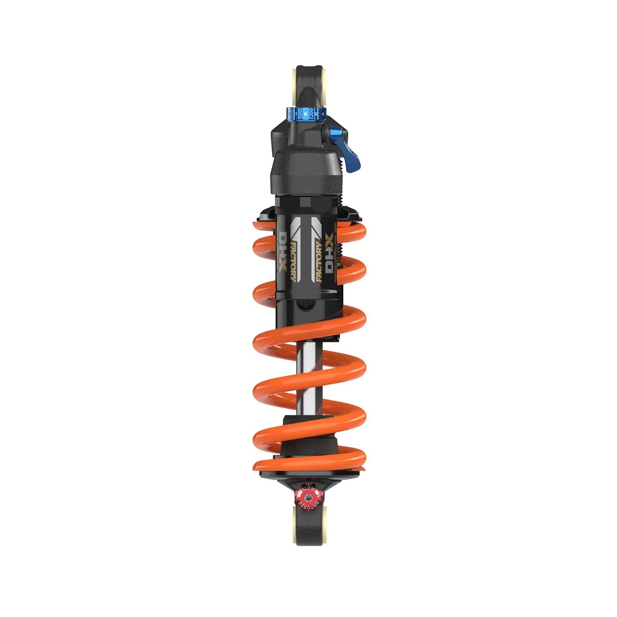 Fox DHX Factory 2-position adjustable rear shock damper for coil suspension, shown in a close-up view of the component.