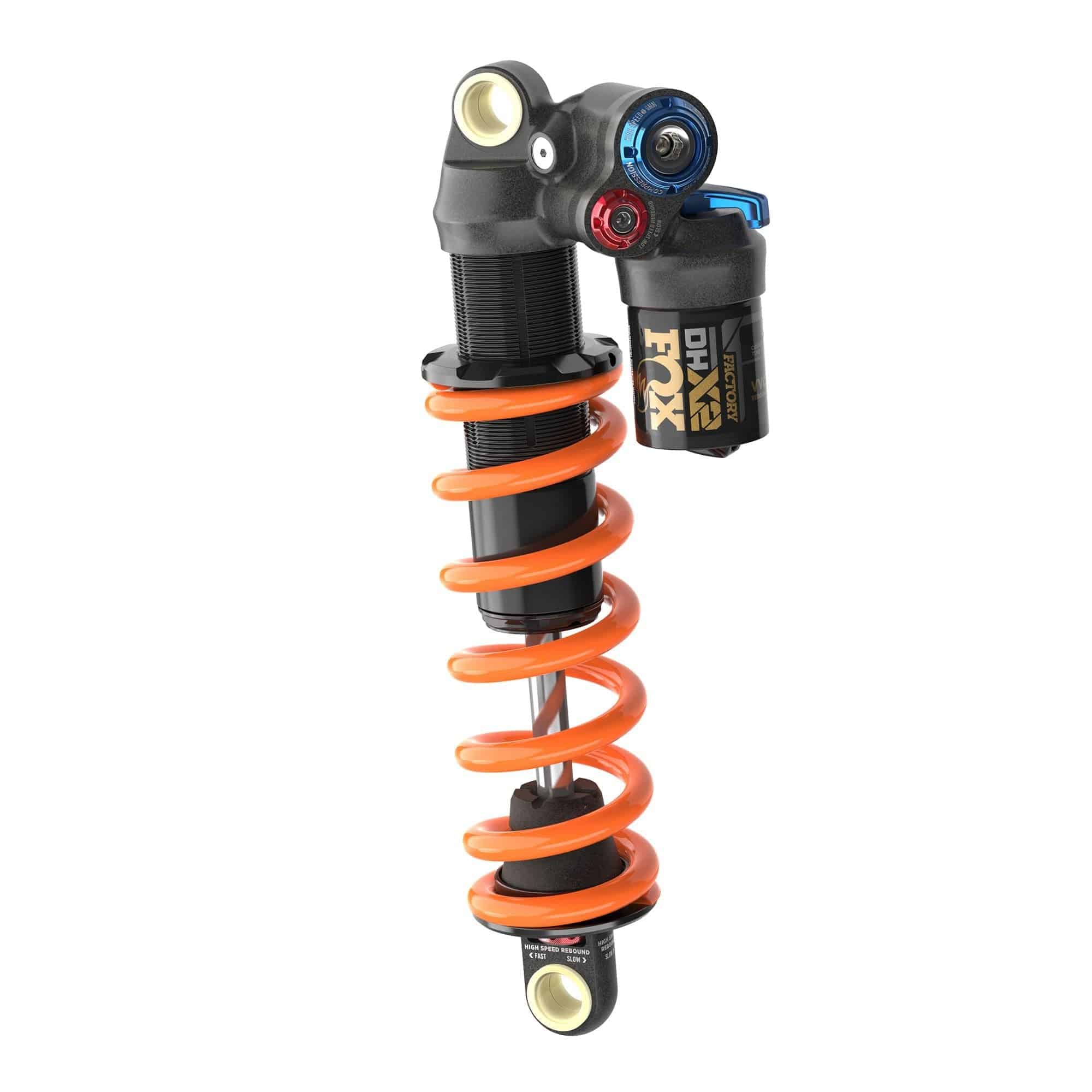 Fox DHX2 Factory rear shock damper for mountain bike suspension, featuring 2-position adjustment and high-performance components.