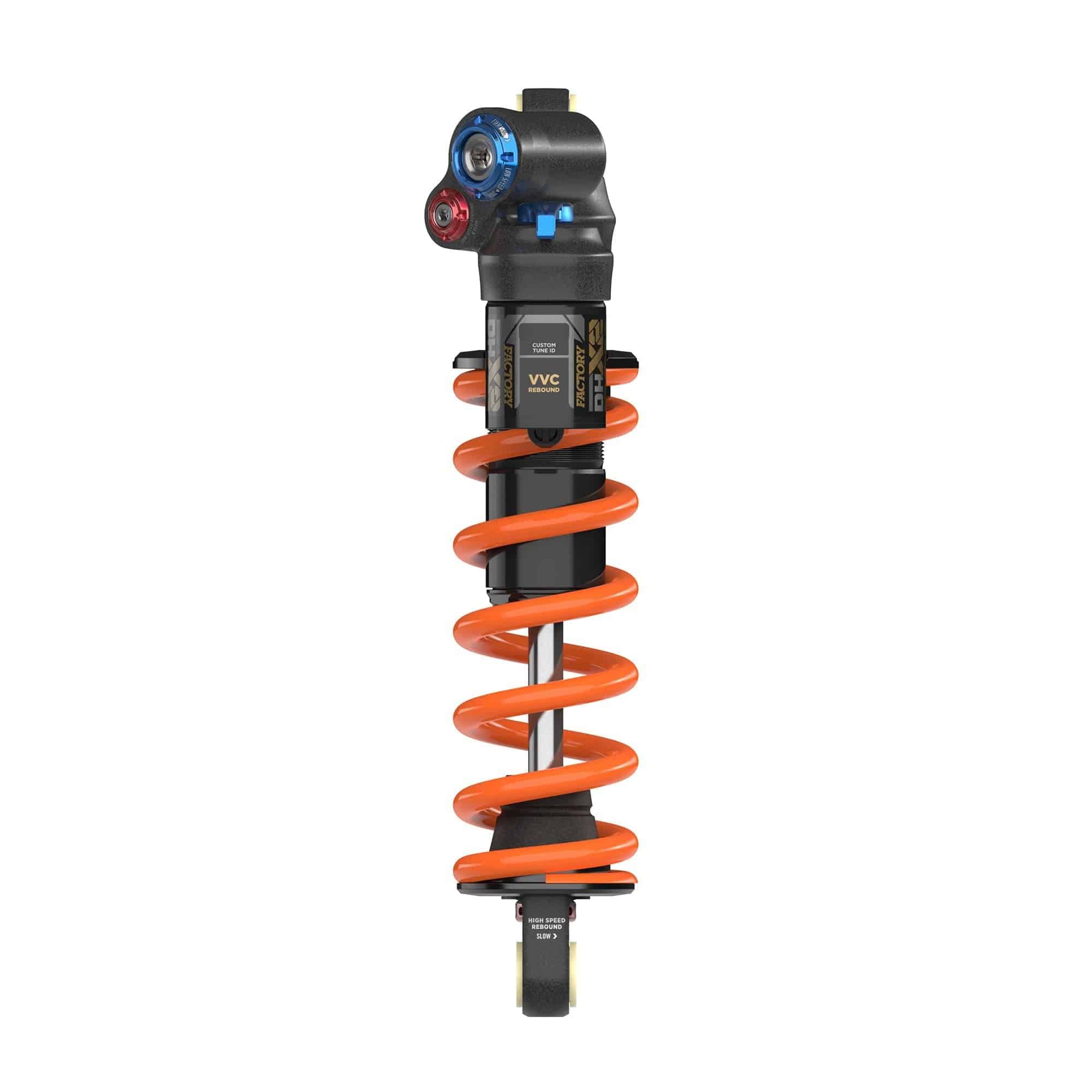 Fox DHX2 Factory 2Pos-Adjust rear shock damper for mountain bike suspension, showing the black and silver component with adjustment knobs.