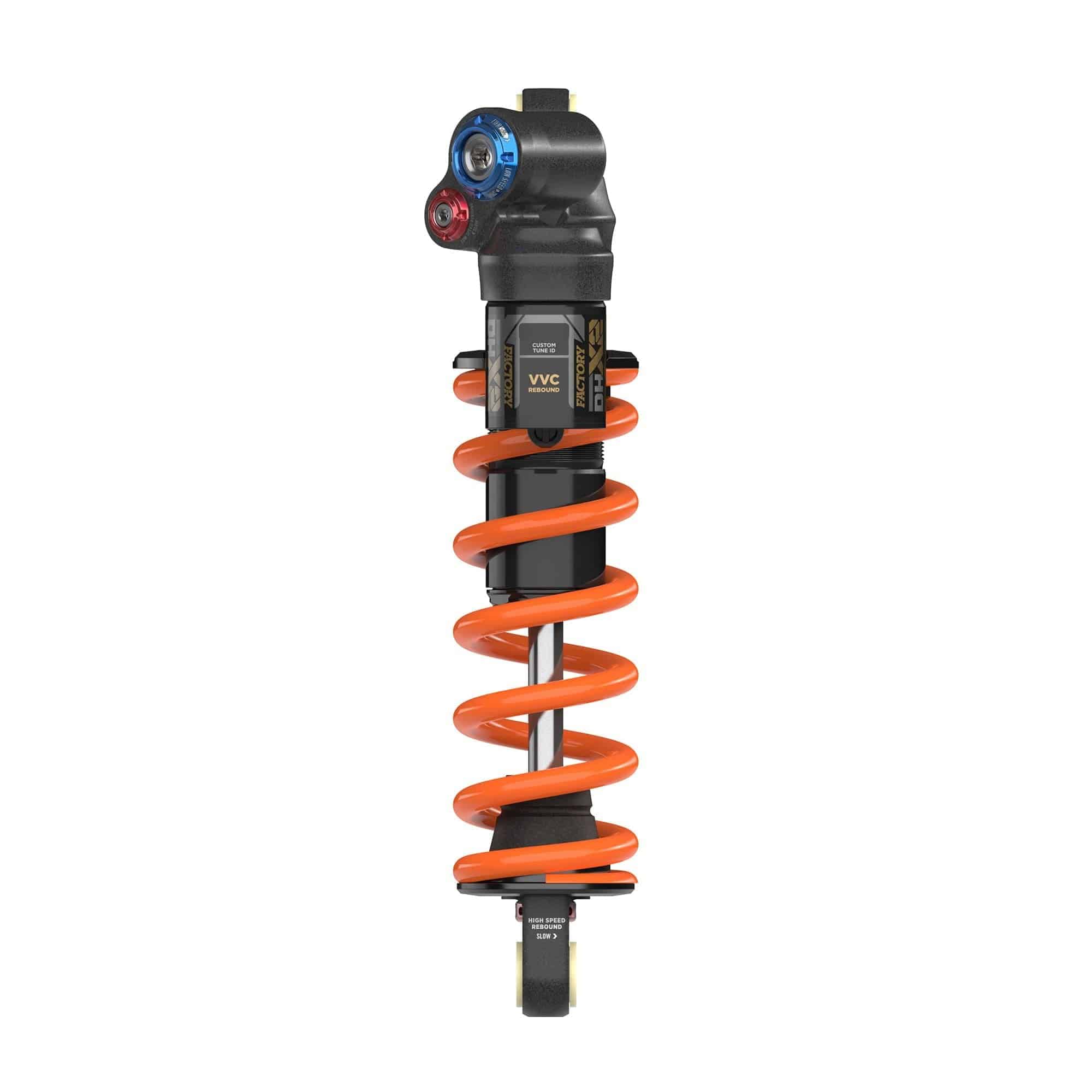 Fox DHX2 Factory downhill mountain bike rear shock with advanced suspension technology, showing its sleek design and brand logo.