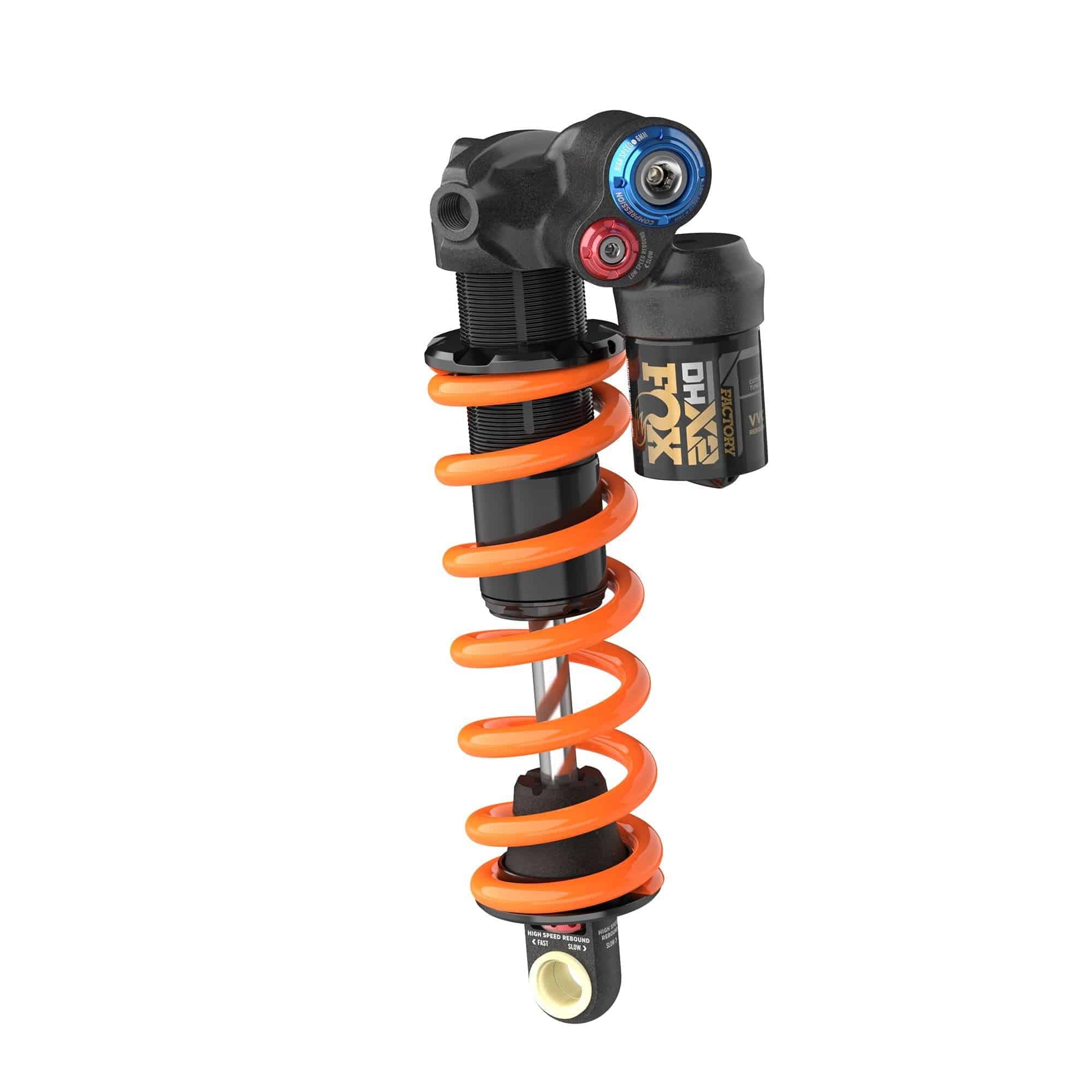 Fox DHX2 Factory rear shock for downhill mountain biking, showcasing advanced suspension technology and durable components.