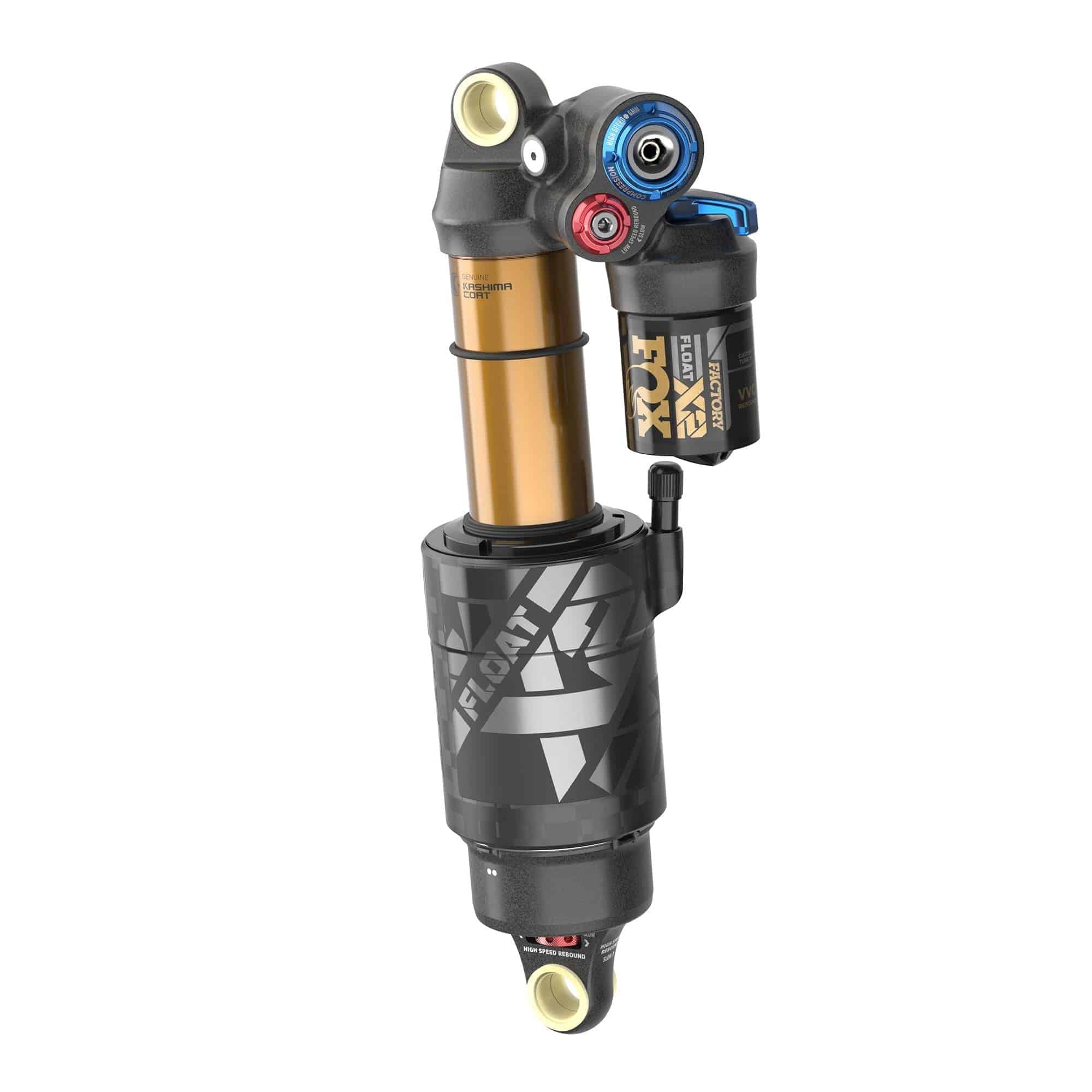 Fox Float X2 Factory rear shock for mountain bikes, showing the 2-position adjustable suspension component.