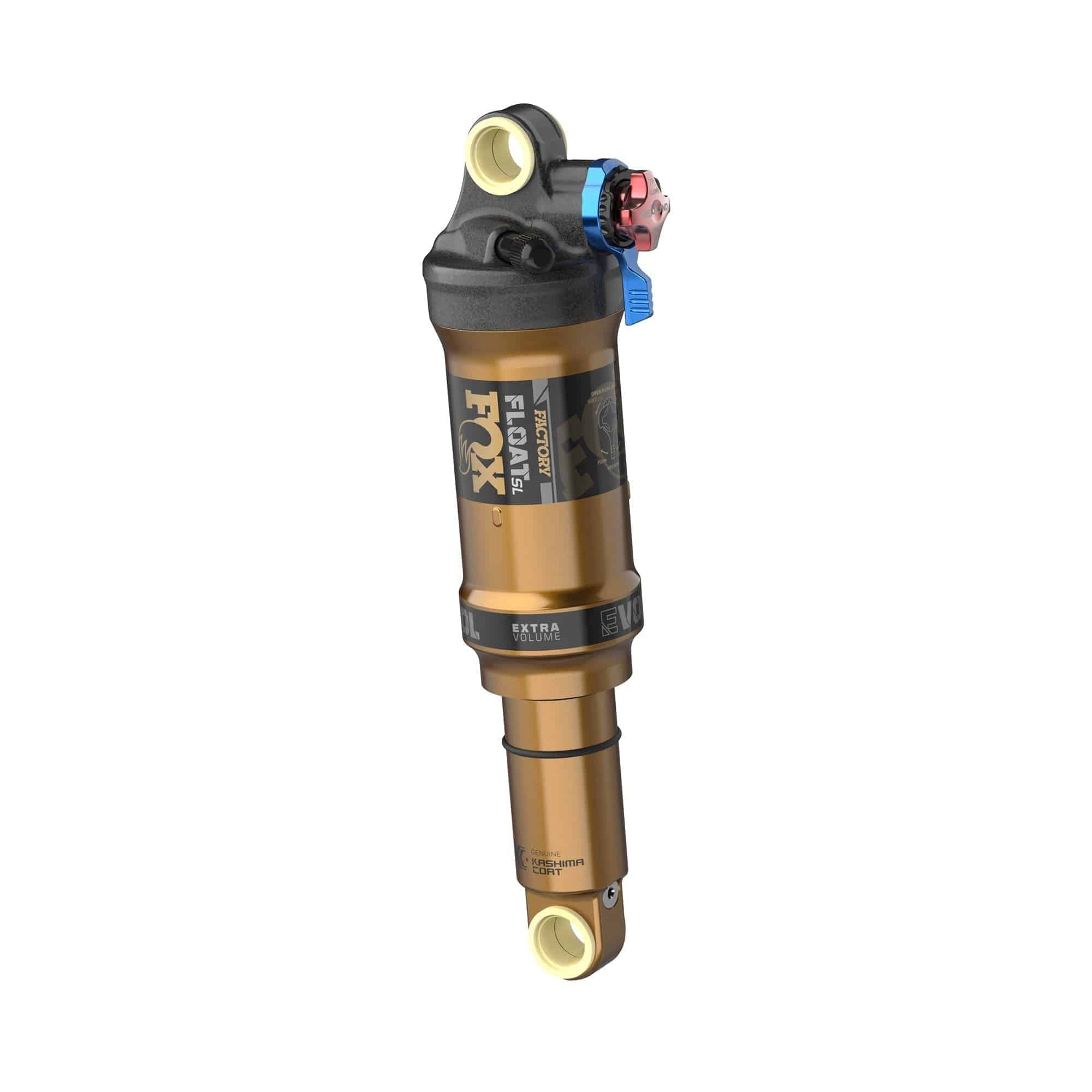 Fox Float SL Factory rear shock with 3-position adjustment for XC and trail bikes, showing the shock's body and adjustment knobs.