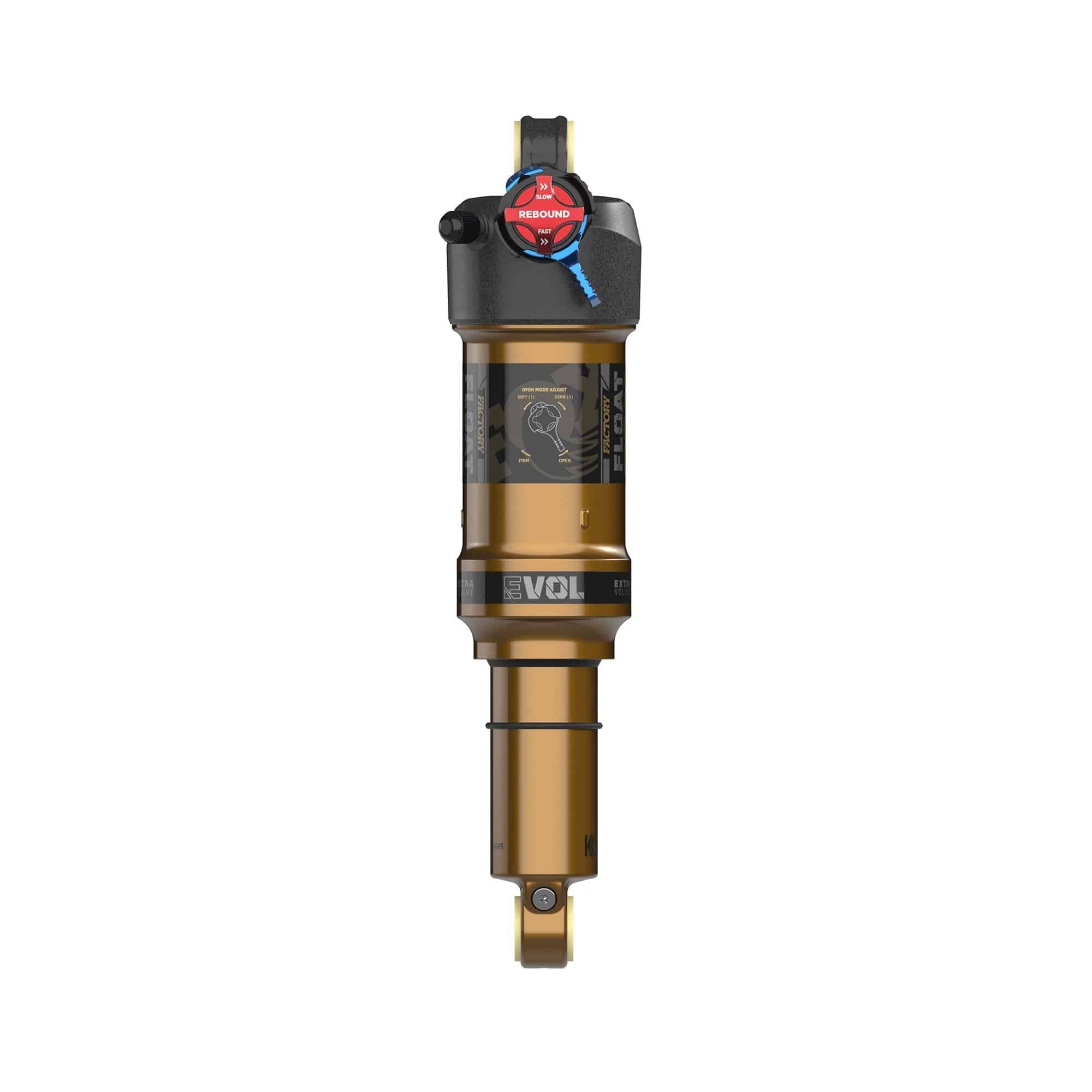 Fox Float Factory rear shock with 2-position adjustable damping for trail and eMTB bikes, showcasing the high-performance component.