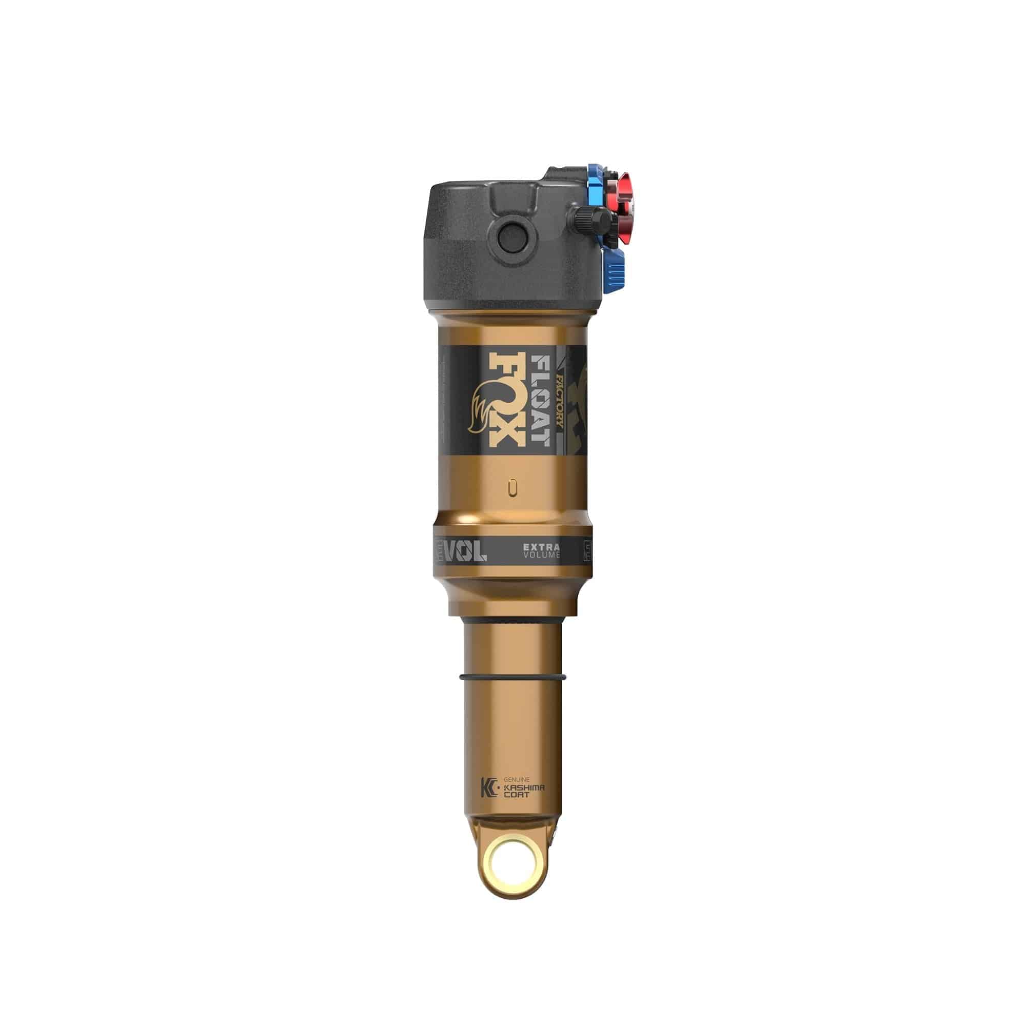 Fox Float Factory rear shock with 2-position adjustable damper for trail and eMTB bikes, shown in close-up view.