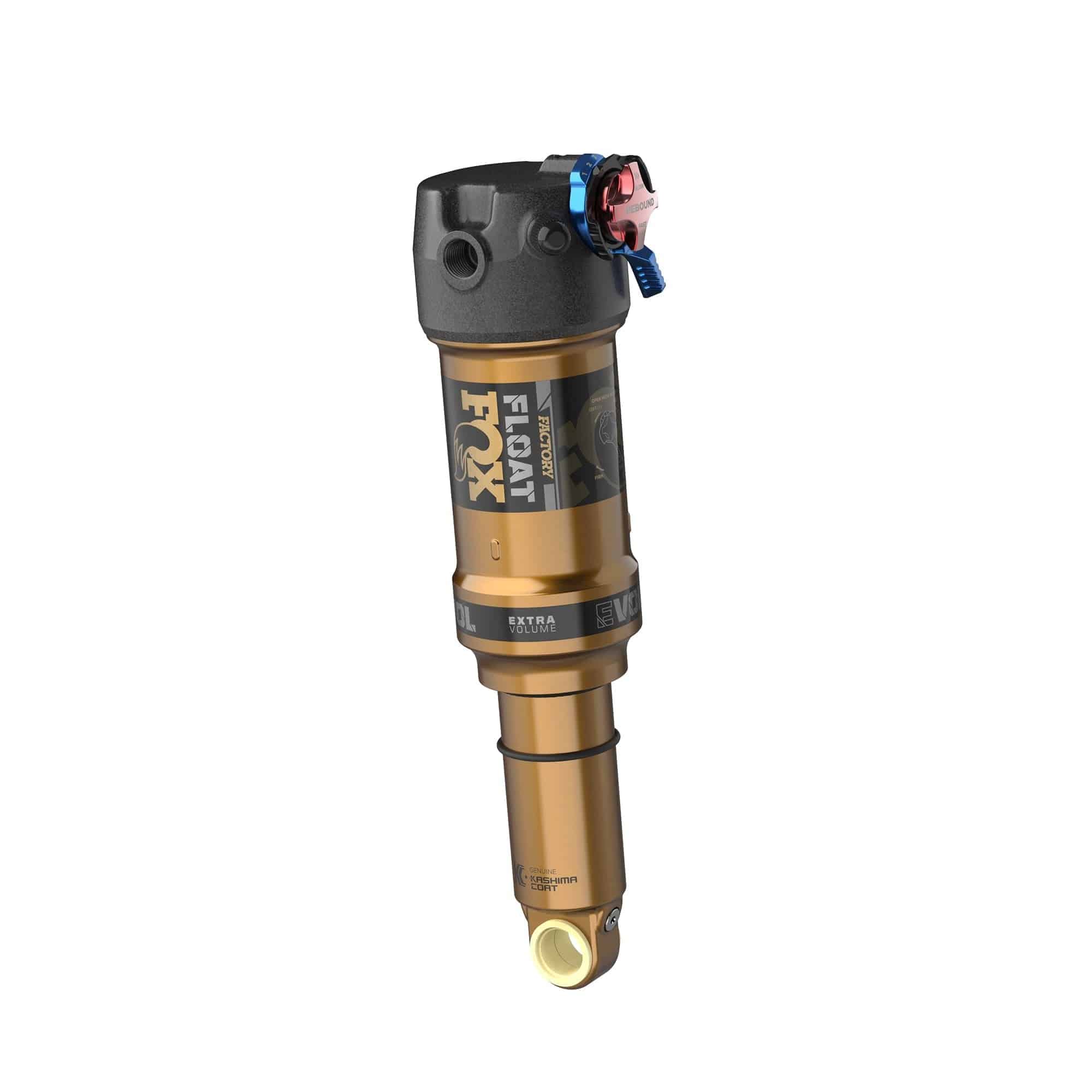 Fox Float Factory rear shock for trail and eMTB bikes, showing the adjustable 2-position setting and high-performance components.