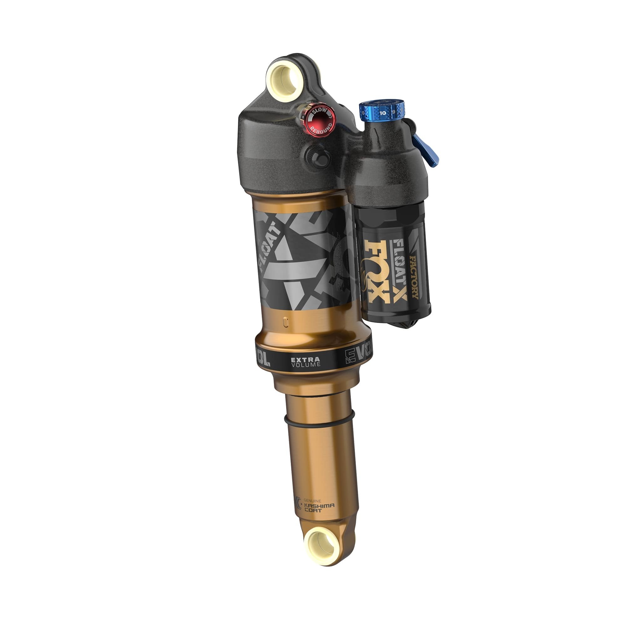 Fox Float X Factory rear shock for trail bikes, showcasing 2-position adjustable suspension component with branding and detailed design.