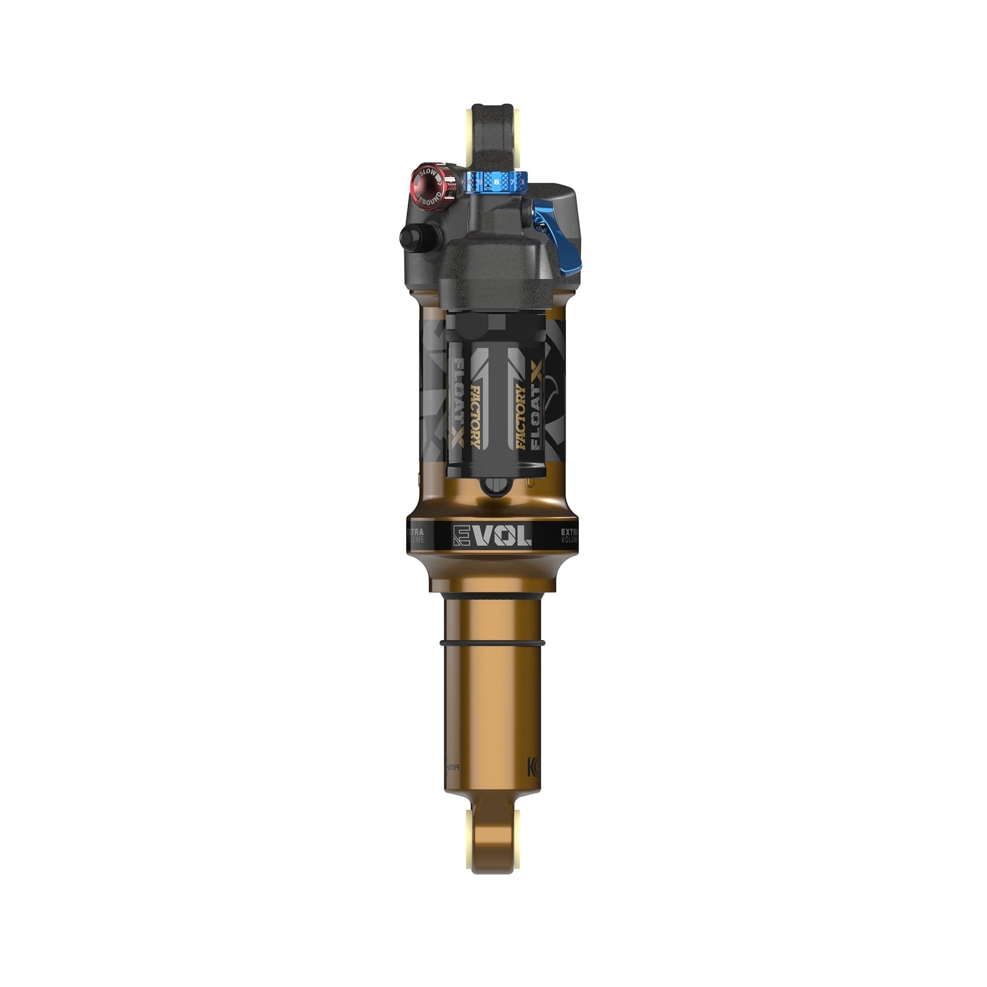 Fox Float X Factory rear shock absorber for trail bikes, showing the adjustable 2-position setting and high-performance components.