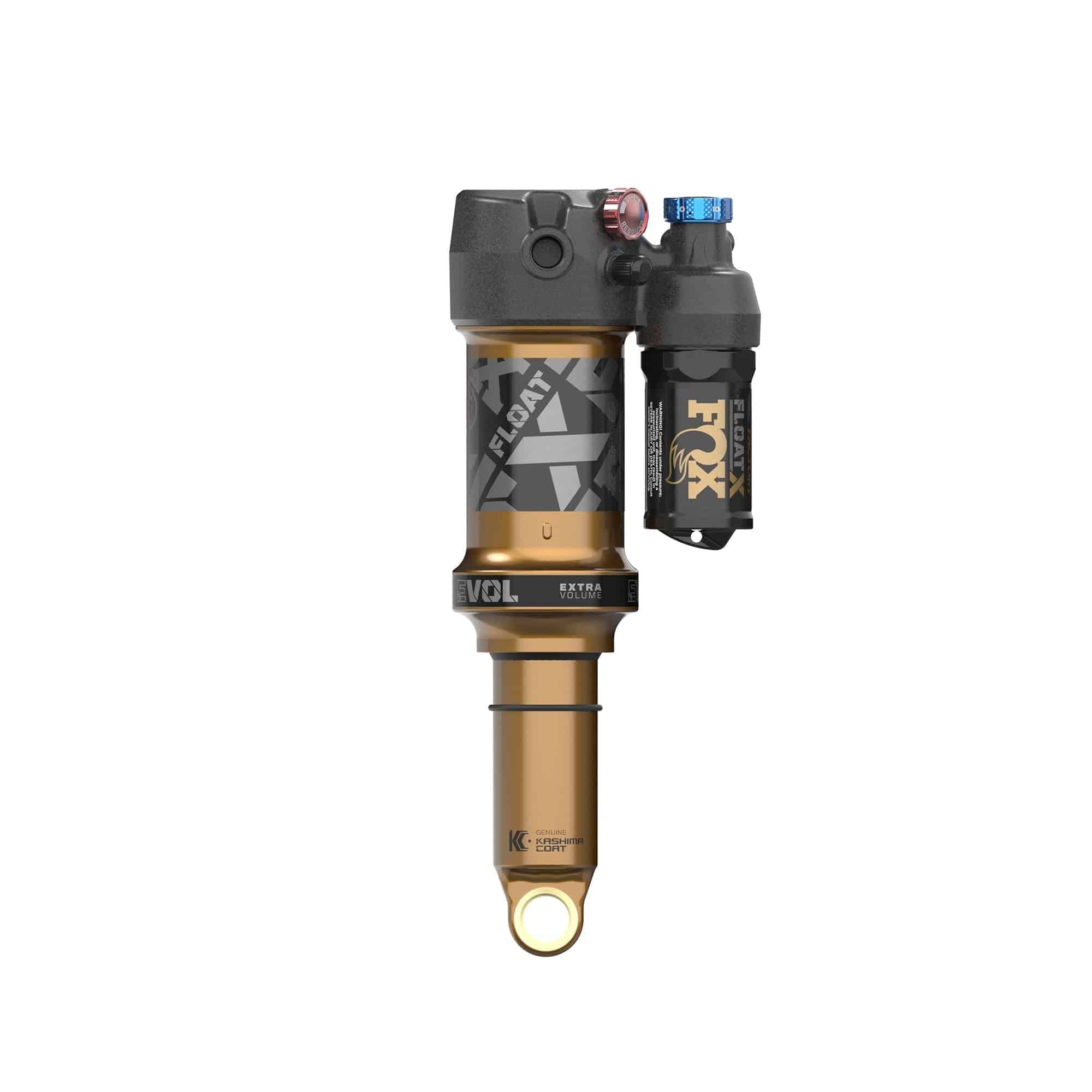 Fox Float X Factory rear shock for trail bikes, 2-position adjustable suspension component, mounted on bike frame.