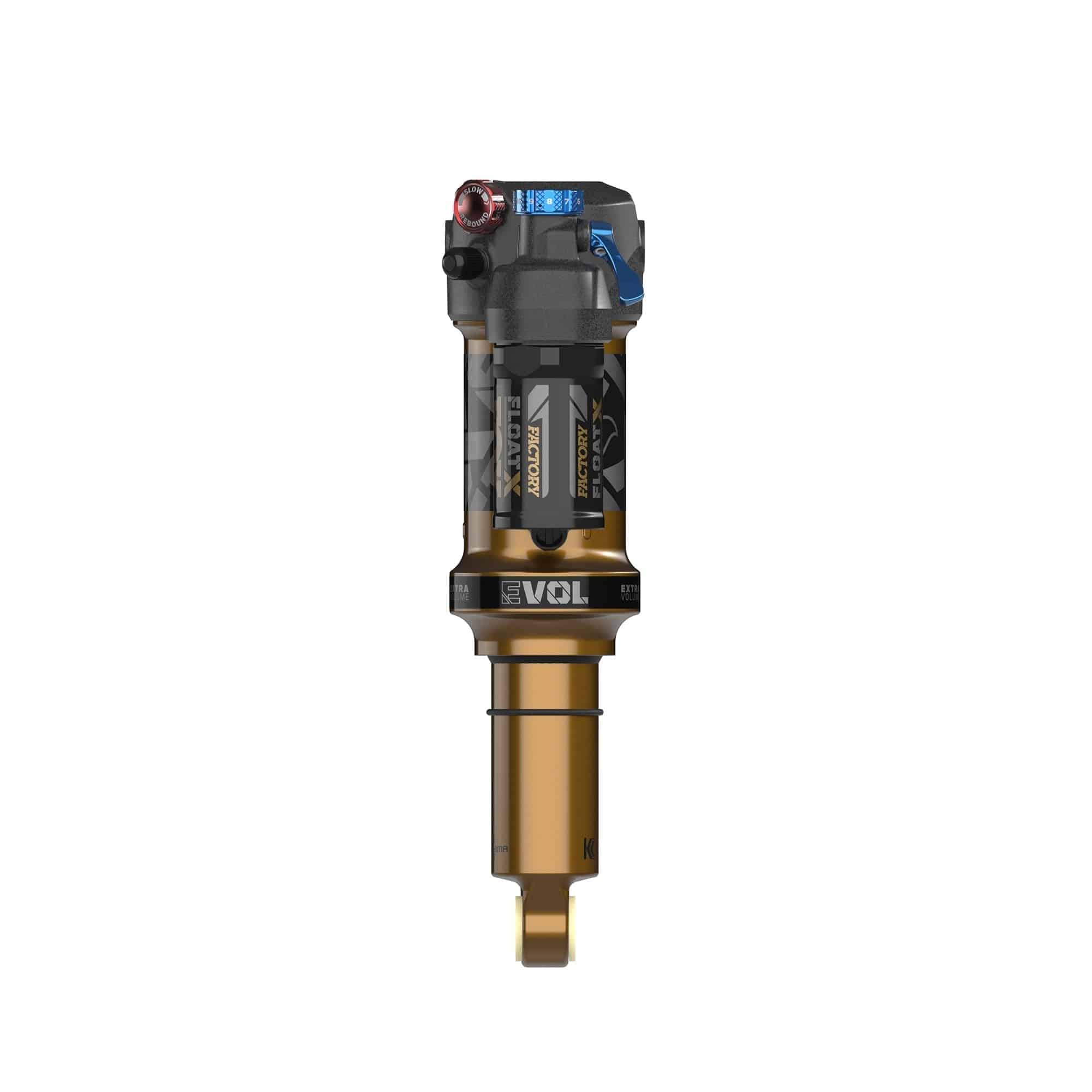 Fox Float X Factory rear shock for trail bikes, 2-position adjustable mountain bike suspension component with branding visible.