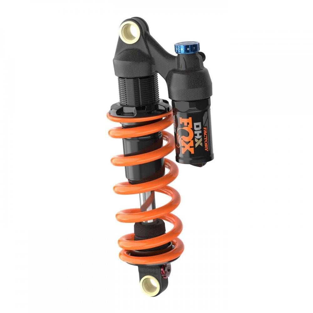 Fox DHX2 Factory downhill rear shock with 2-position adjustability and MCU bumper, bicycle suspension component.