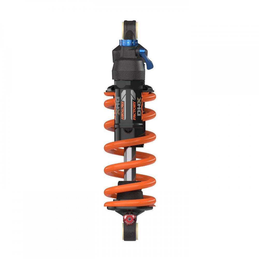 Fox DHX2 Factory downhill rear shock with 2-position adjustability and MCU bumper, mounted on mountain bike suspension component