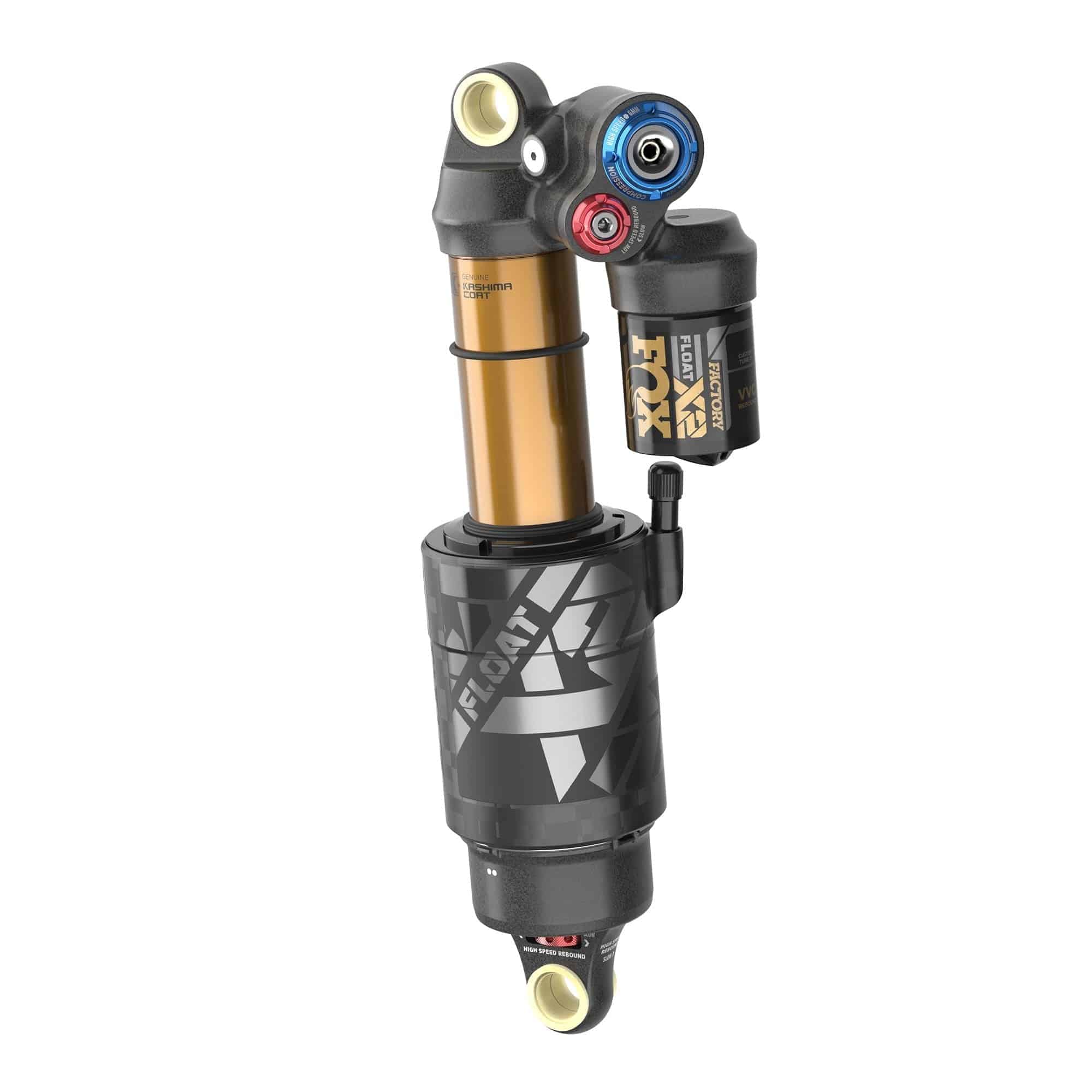 Fox Float X2 Factory rear shock for mountain bikes, high-performance MTB suspension component with sleek design and branding.