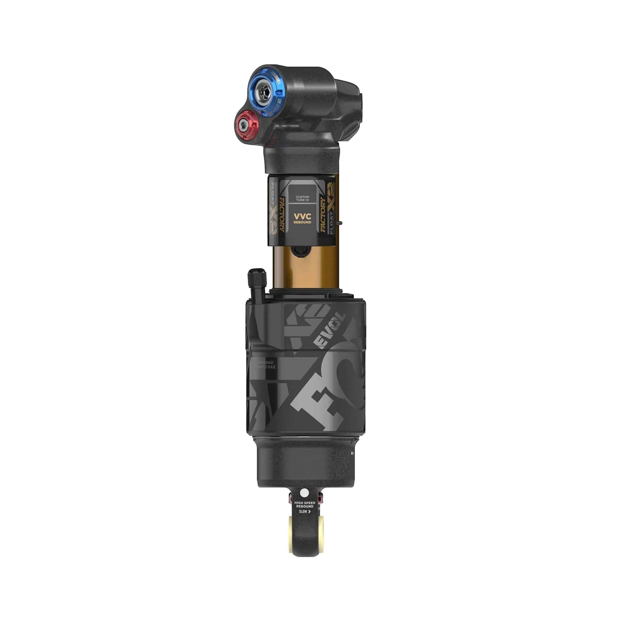 Fox Float X2 Factory rear shock for mountain bike suspension, showing the high-performance MTB shock with branding and adjustment knobs.