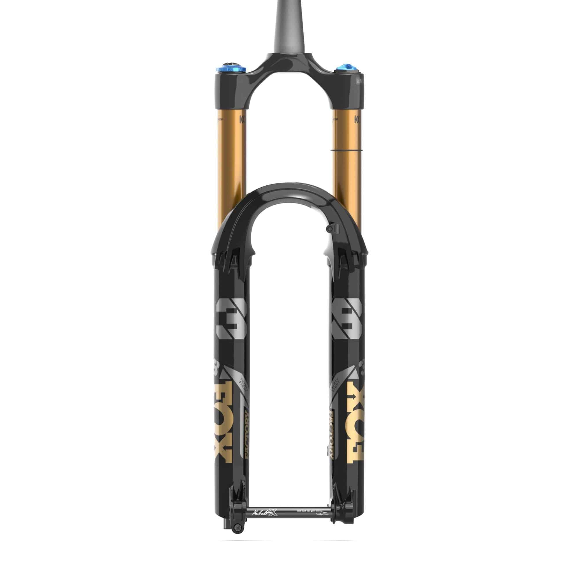 Fox 38 Float FACT GRIP X2 tapered mountain bike suspension fork showing its blue anodized upper tubes and stanchions.