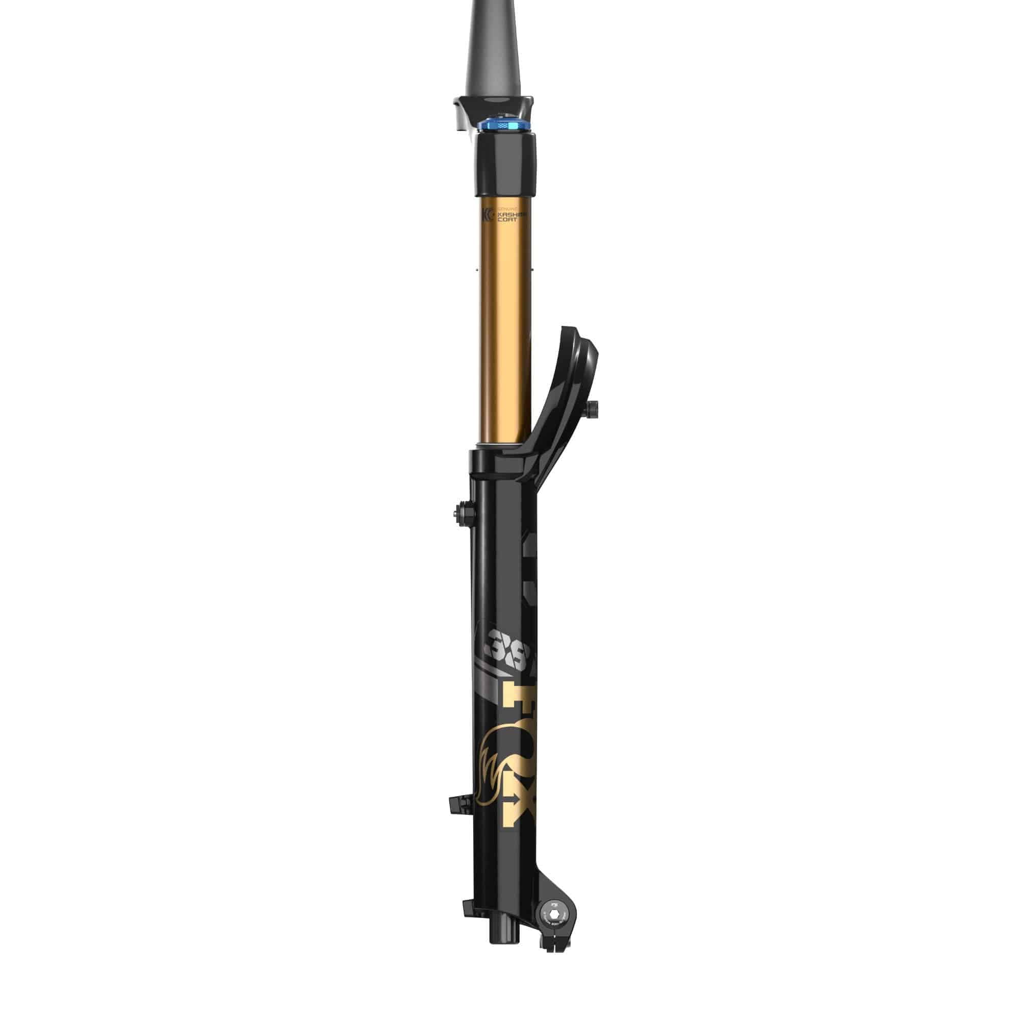 Fox 38 Float FACT GRIP X2 tapered mountain bike suspension fork, showing the black suspension components and tapered steerer tube.
