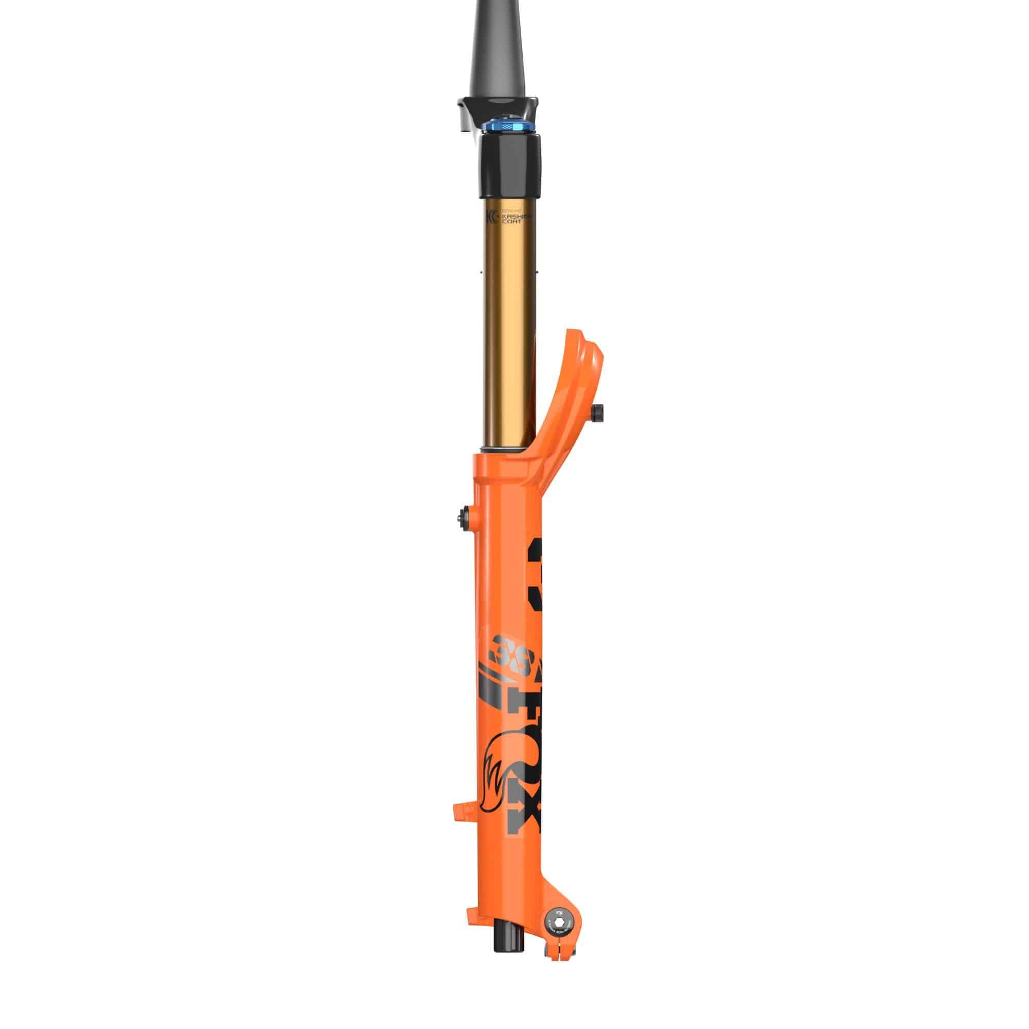 Fox 38 Float FACT GRIP X2 tapered mountain bike suspension fork, showing the black exterior and sturdy build for trail riding.