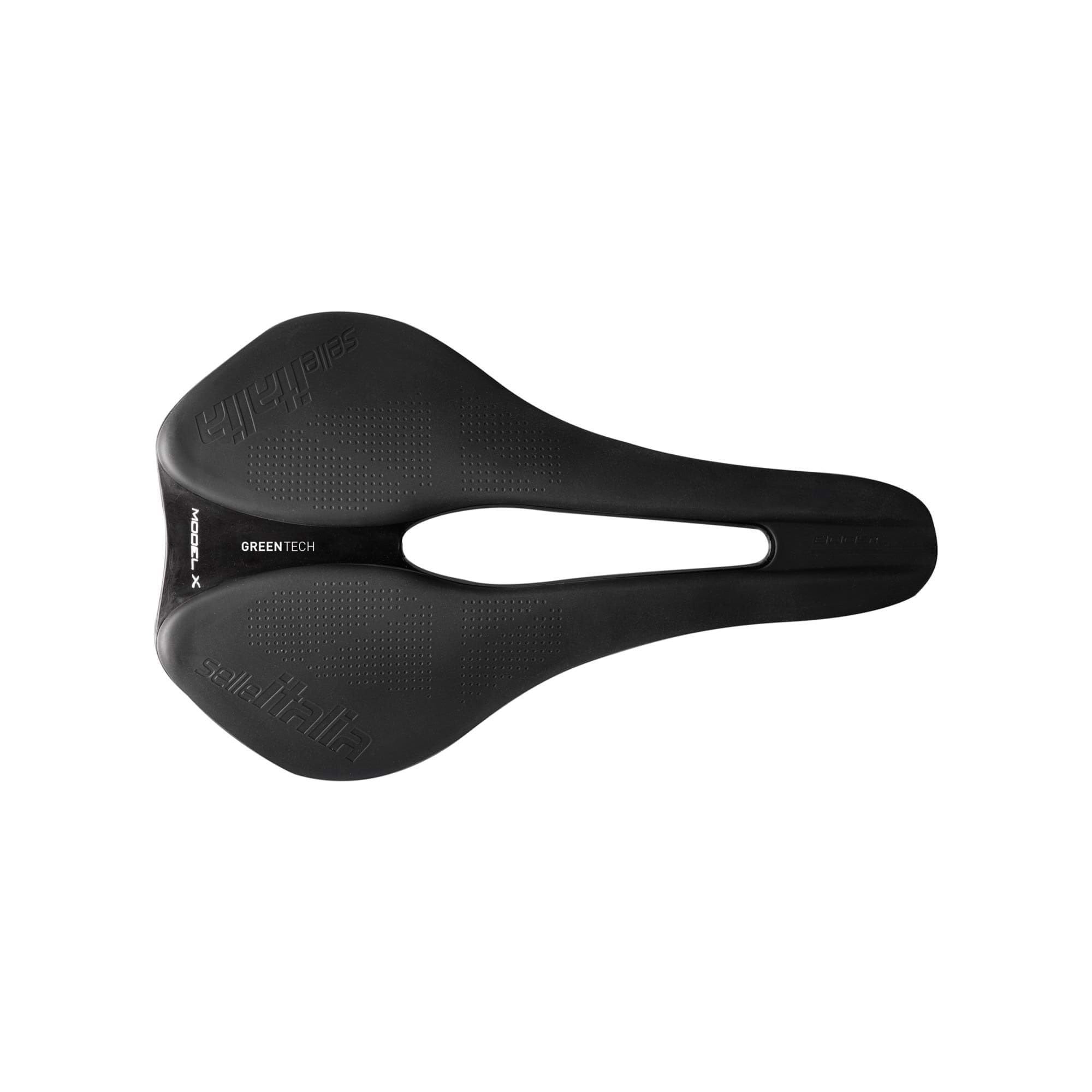 Selle Italia Model-X Green Superflow Black Edition road bike saddle in black, featuring ergonomic design and brand logo.
