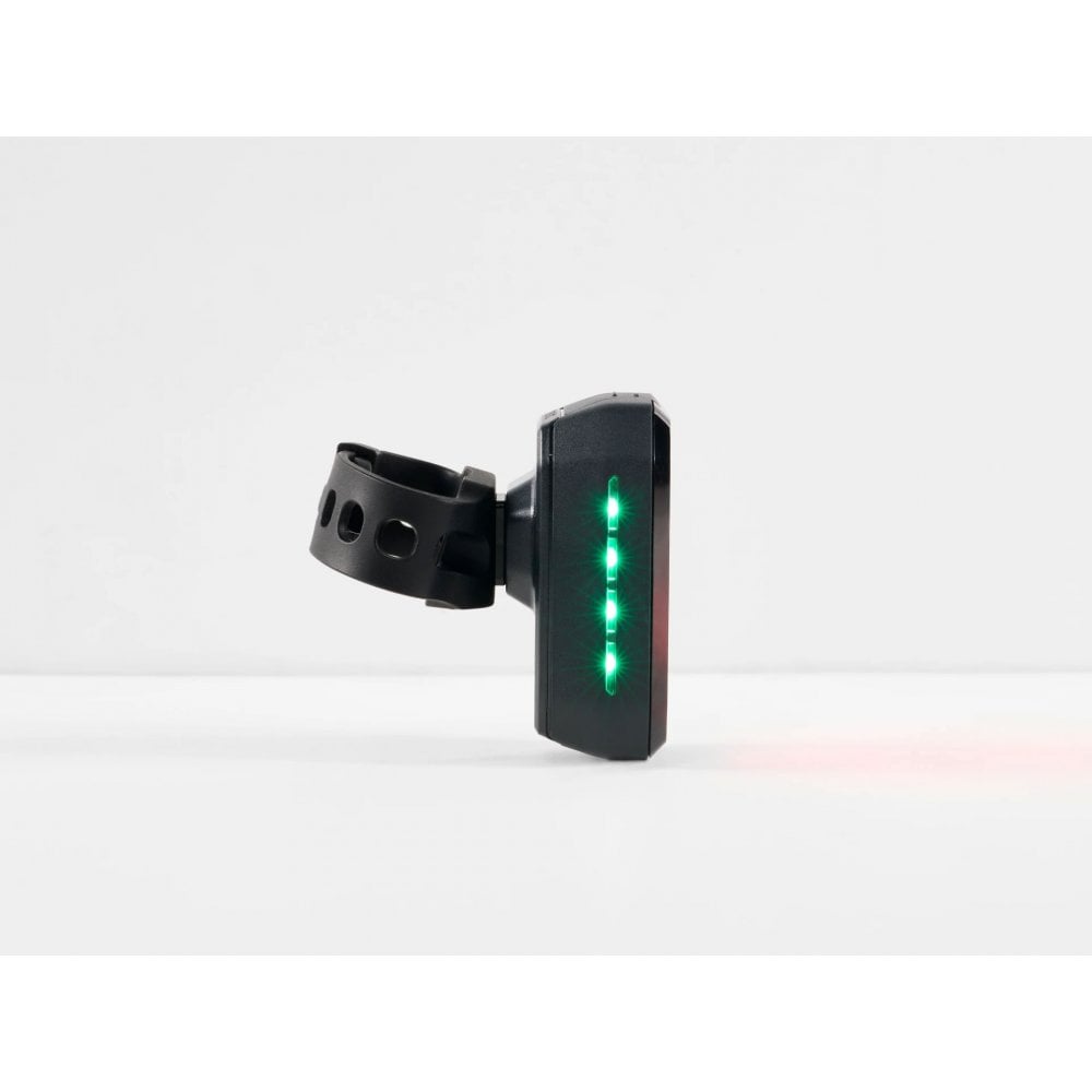 Trek CarBack Radar rear bike light in black with vehicle detection, mounted on bike for enhanced visibility and safety.