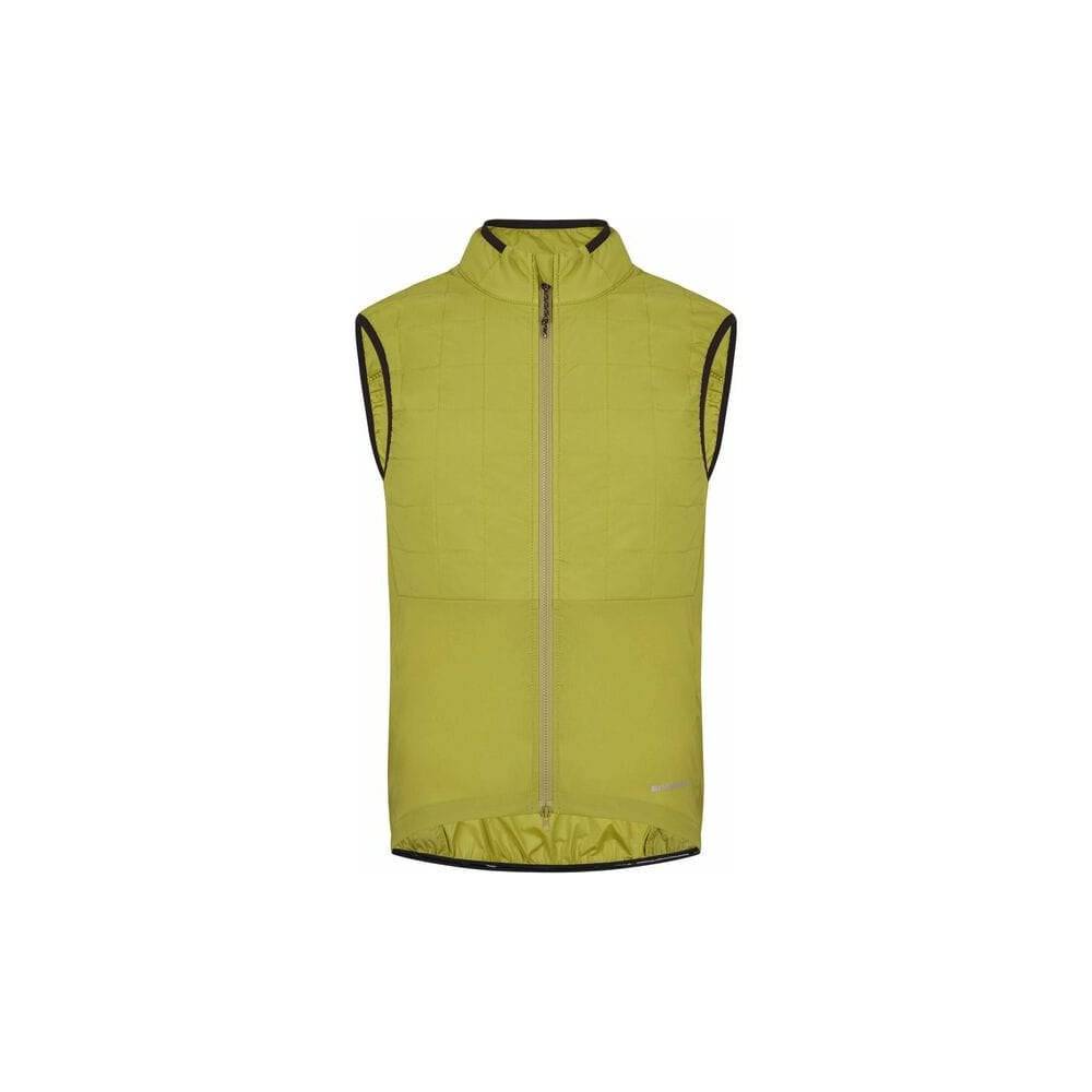 Madison Roam men's windproof packable Primaloft insulated gilet vest hanging on a hanger, showcasing its lightweight design and quilted texture.
