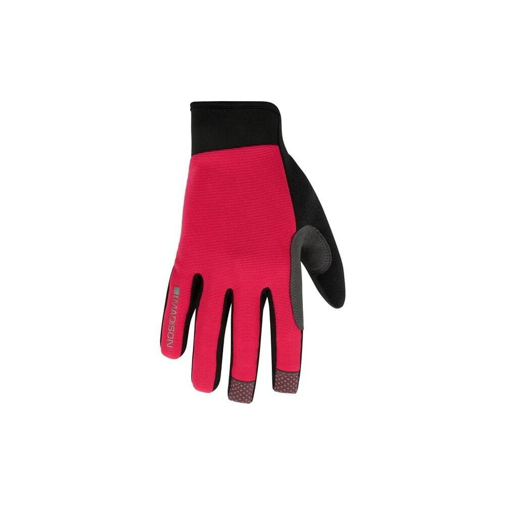 Madison freewheel trail gloves for cycling, unisex design with grip and durable fabric, shown on a cyclist's hands.