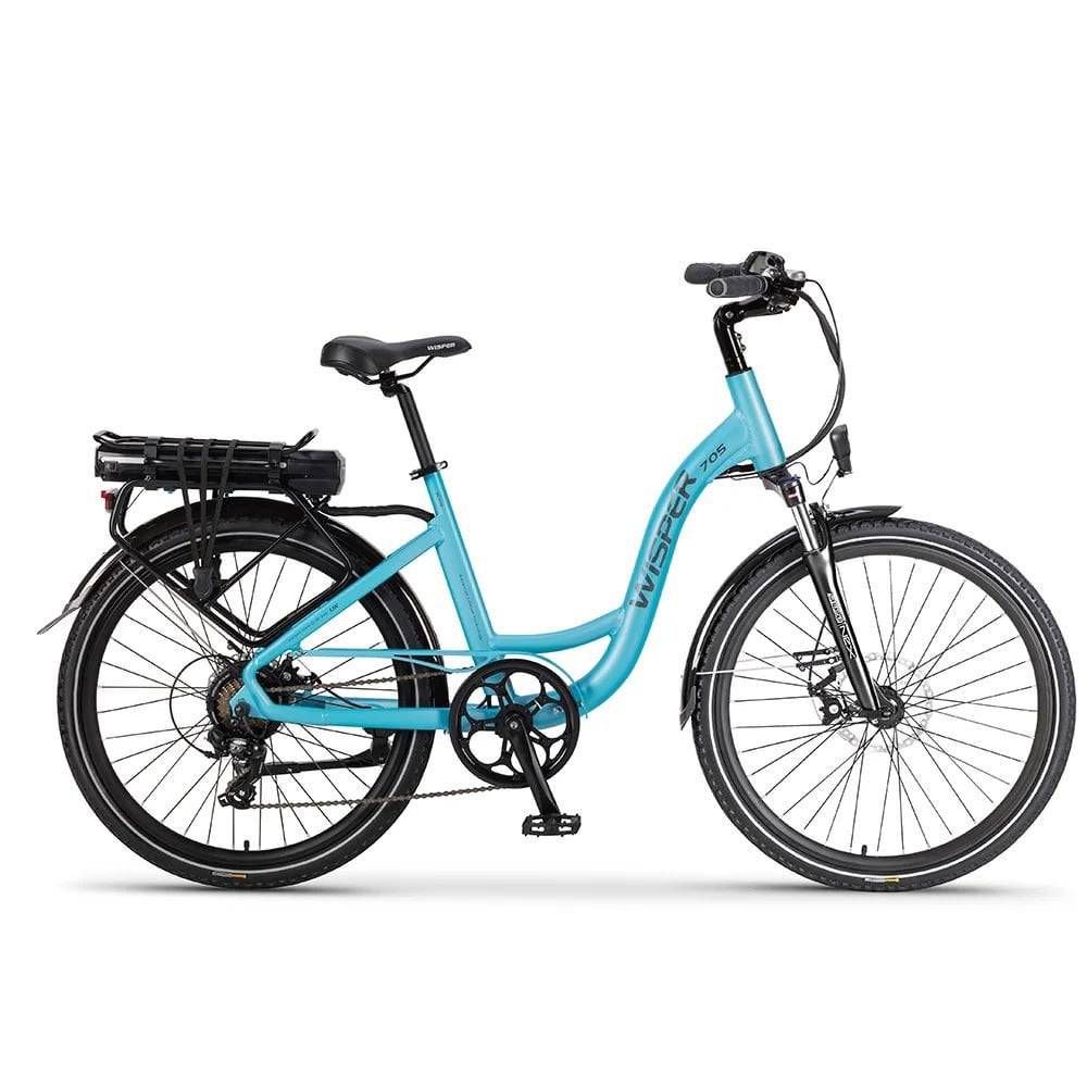 Wisper 705 Torque step-through e-hybrid bike with disc brakes, no battery, featuring a sleek frame and modern bike design.