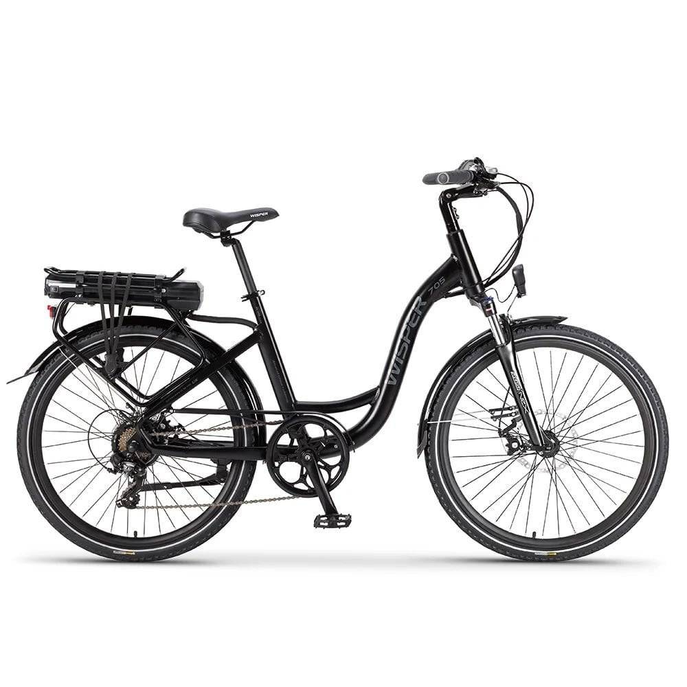 Wisper 705 Torque step-through e-hybrid bike with disc brakes, showcasing the frame, handlebars, and wheels without the battery.