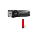 Knog Blinder Pro 600 front cycling light and Plus rear light set with safety features, mounted on a bike for visibility.
