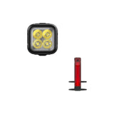 Knog Blinder Pro 600 front cycling light and Plus rear light set with safety features, mounted on a bike for visibility.