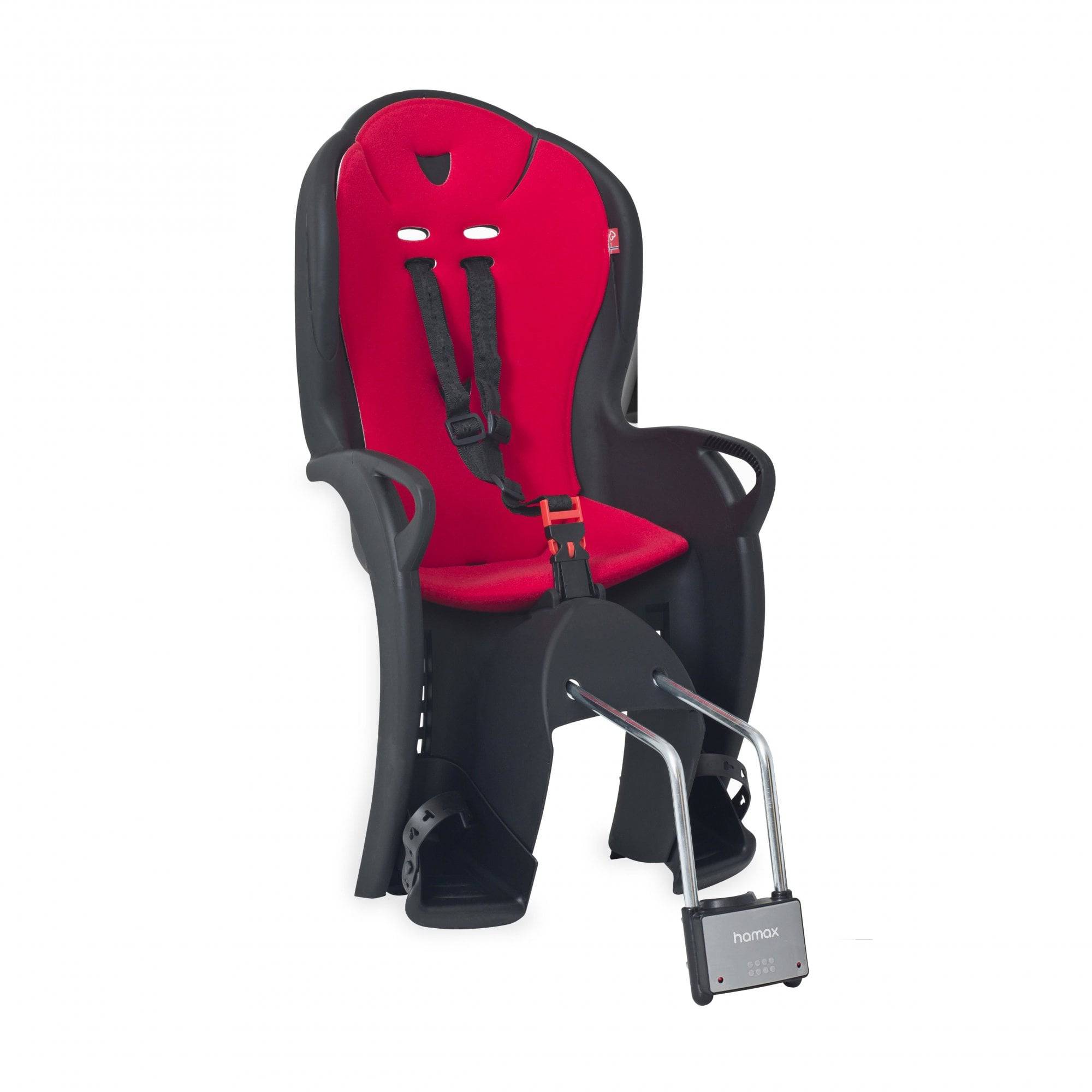 Hamax Kiss child bike seat in black and red with suspension and quick-release system, designed for safe bike riding.