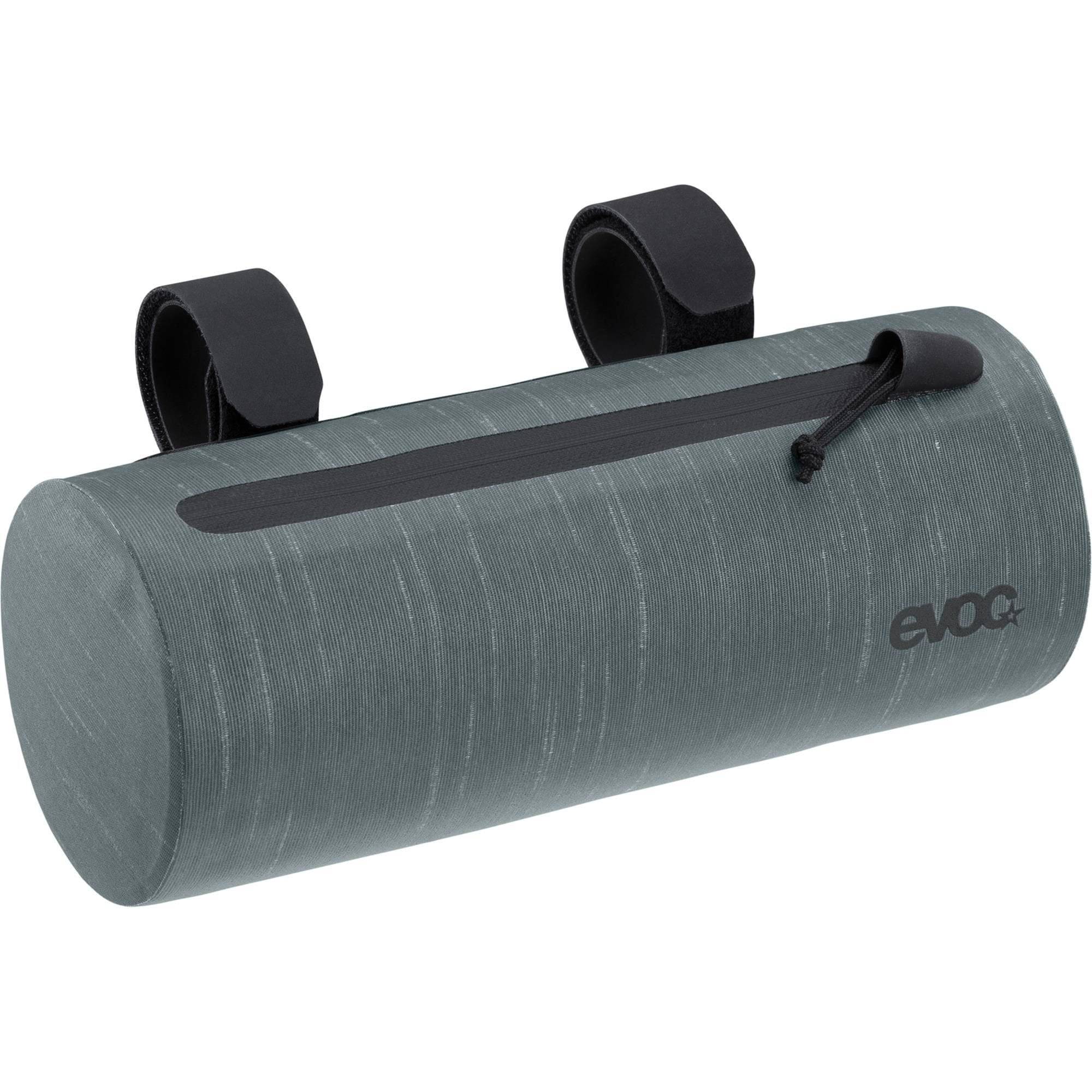 EVOC waterproof handlebar pack for bikes, 1.5L compact cycling pannier bag with secure straps and weather-resistant material.