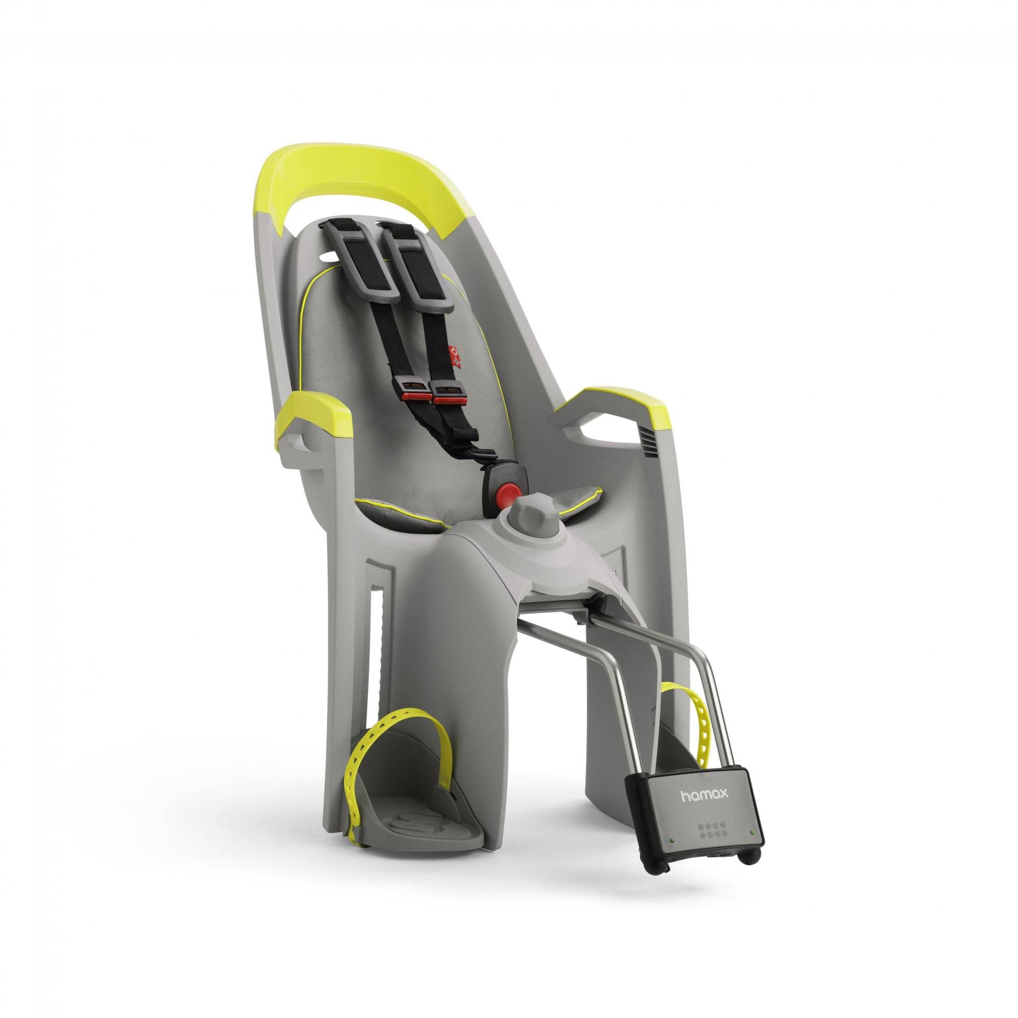 Hamax Amaze child bike seat with lockable bracket, showing the safe, comfortable design and adjustable features for children.