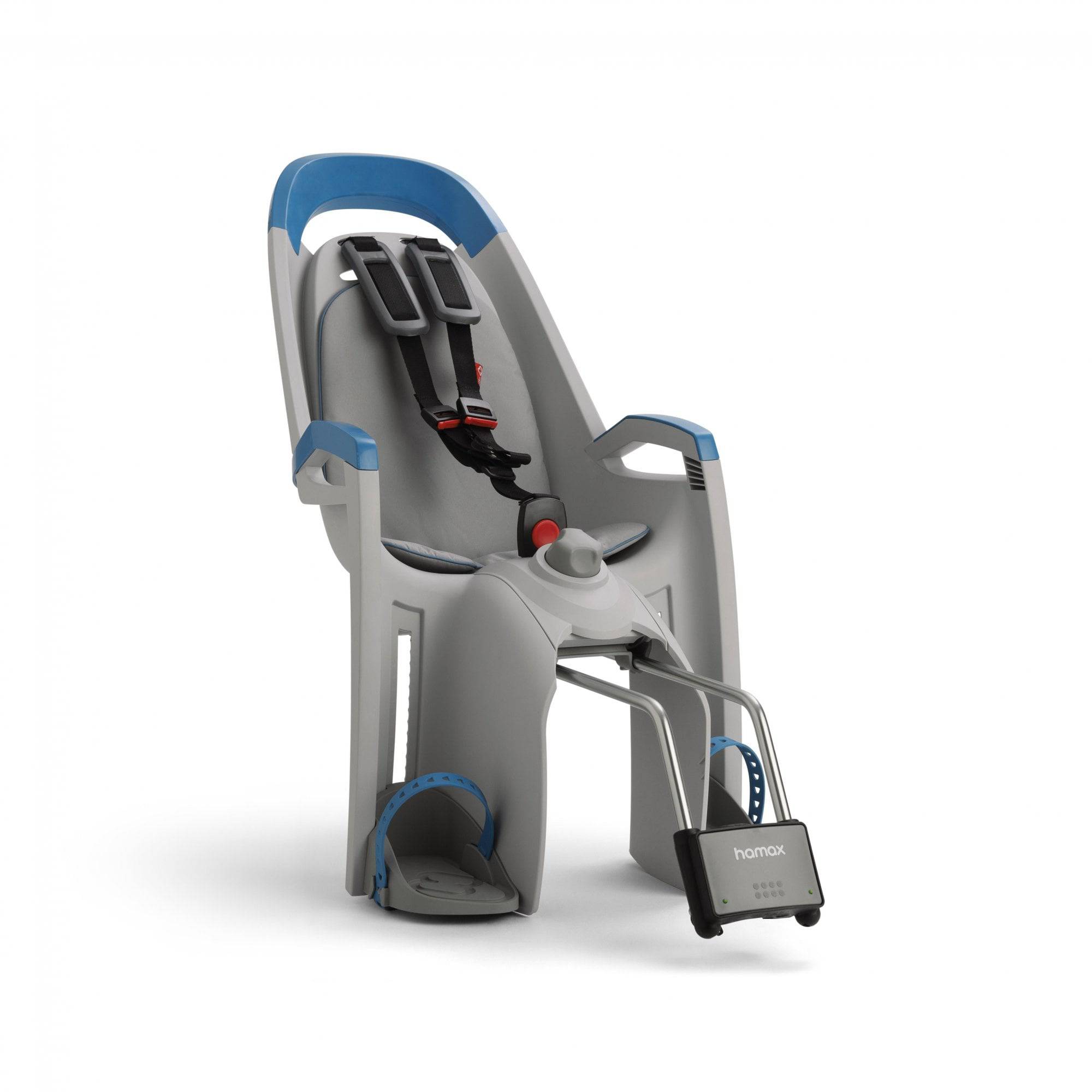 Hamax Amaze child bike seat with lockable bracket, showing a secure, comfortable child seat mounted on a bicycle frame.