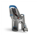 Hamax Amaze child bike seat with lockable bracket, showing a secure, comfortable child seat mounted on a bicycle frame.
