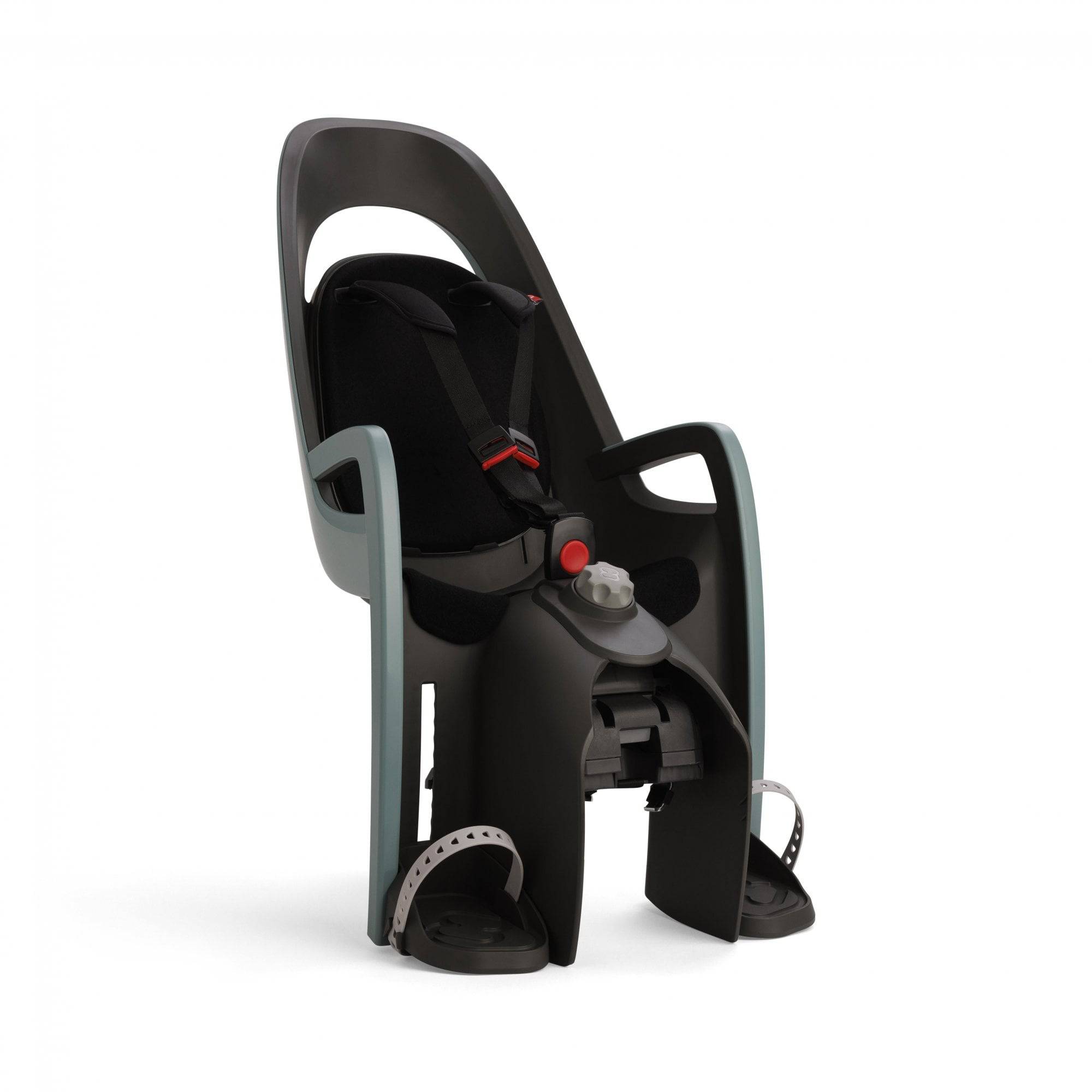 Hamax Caress child bike seat with carrier adapter, rear-mounted safety seat designed for secure and comfortable child cycling.