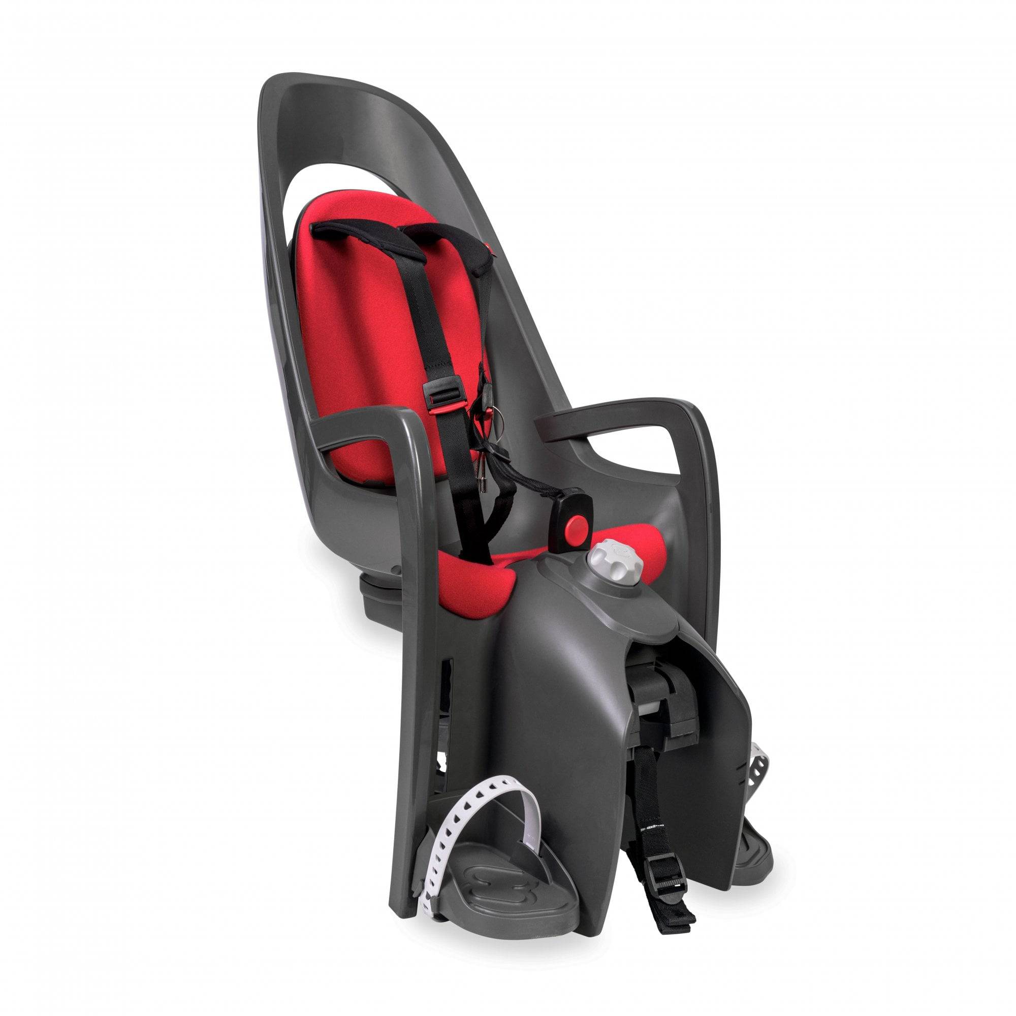 Hamax Caress child bike seat with carrier adapter, rear-mounted safety seat for kids, shown with mounting hardware and safety straps.