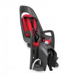 Hamax Caress child bike seat with carrier adapter, rear-mounted safety seat for kids, shown with mounting hardware and safety straps.