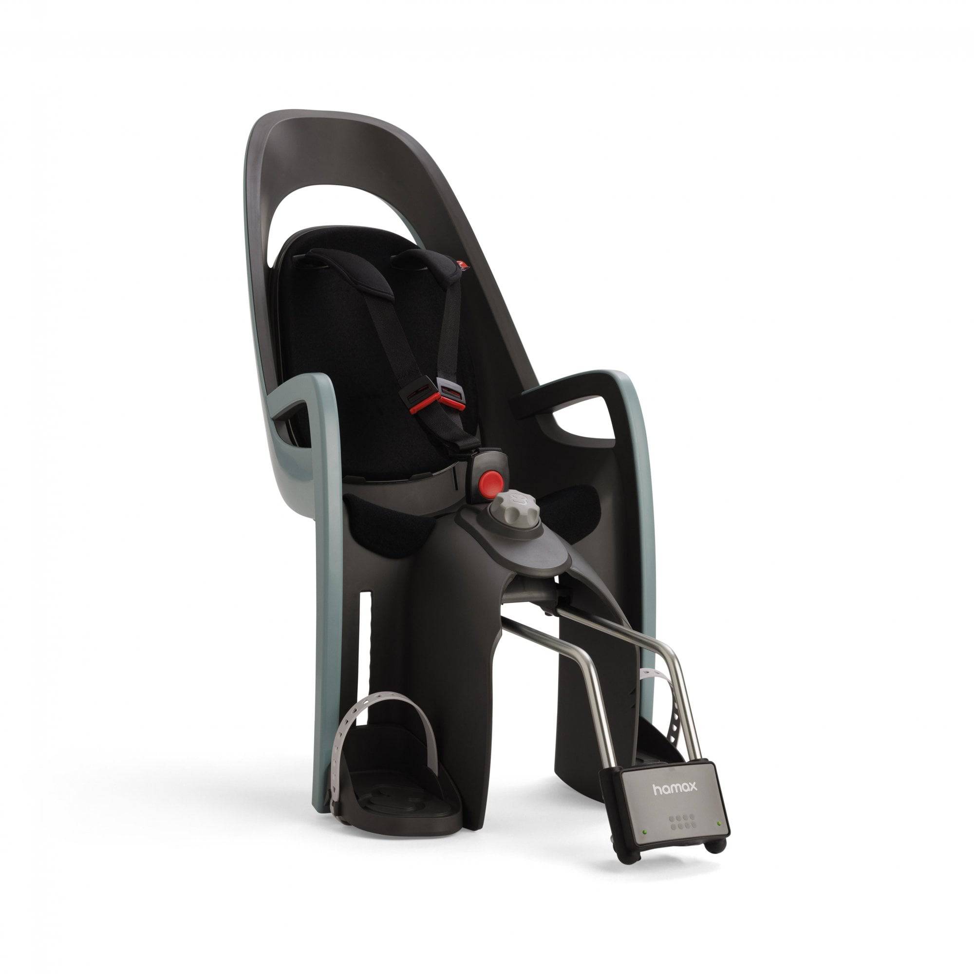 Hamax Caress child bike seat with lockable bracket and suspension system, showcasing the comfortable, secure seating for kids.