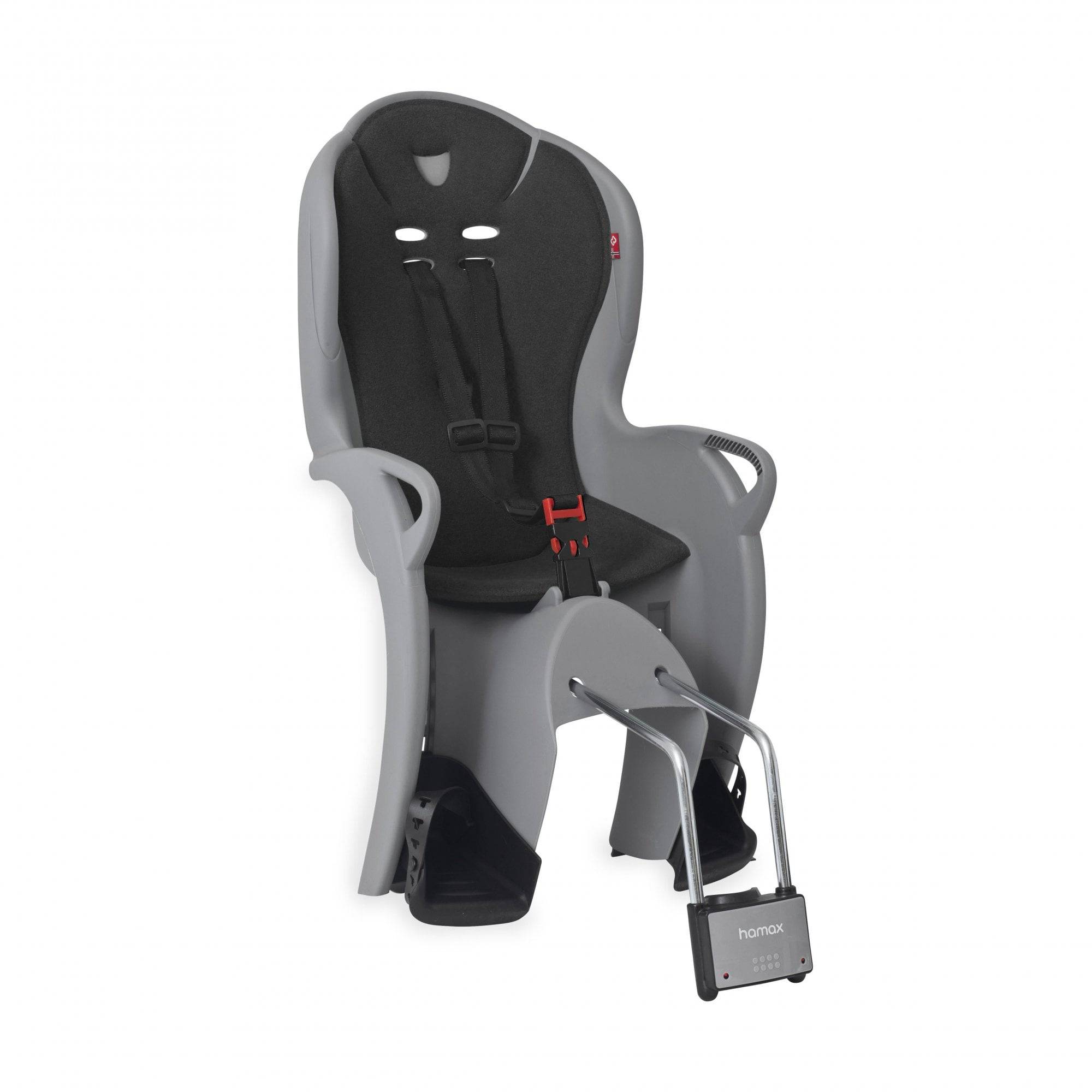 Hamax Kiss medium child bike seat with suspension and reflective safety features, designed for secure outdoor cycling.