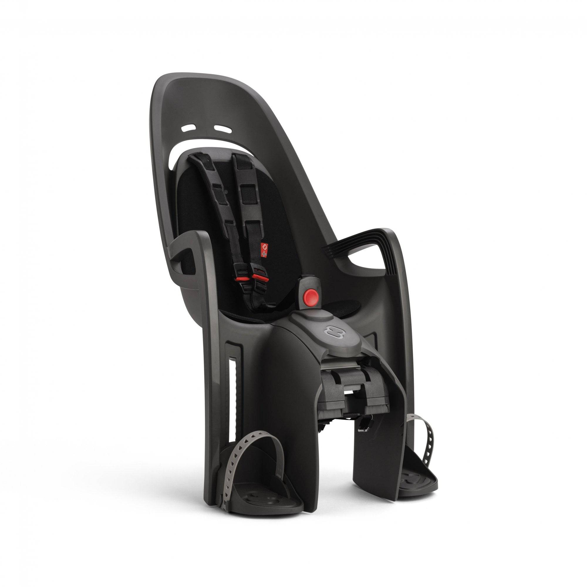 Hamax Zenith child bike seat with carrier adapter, showing the safe and comfortable design for children, mounted on a bike.