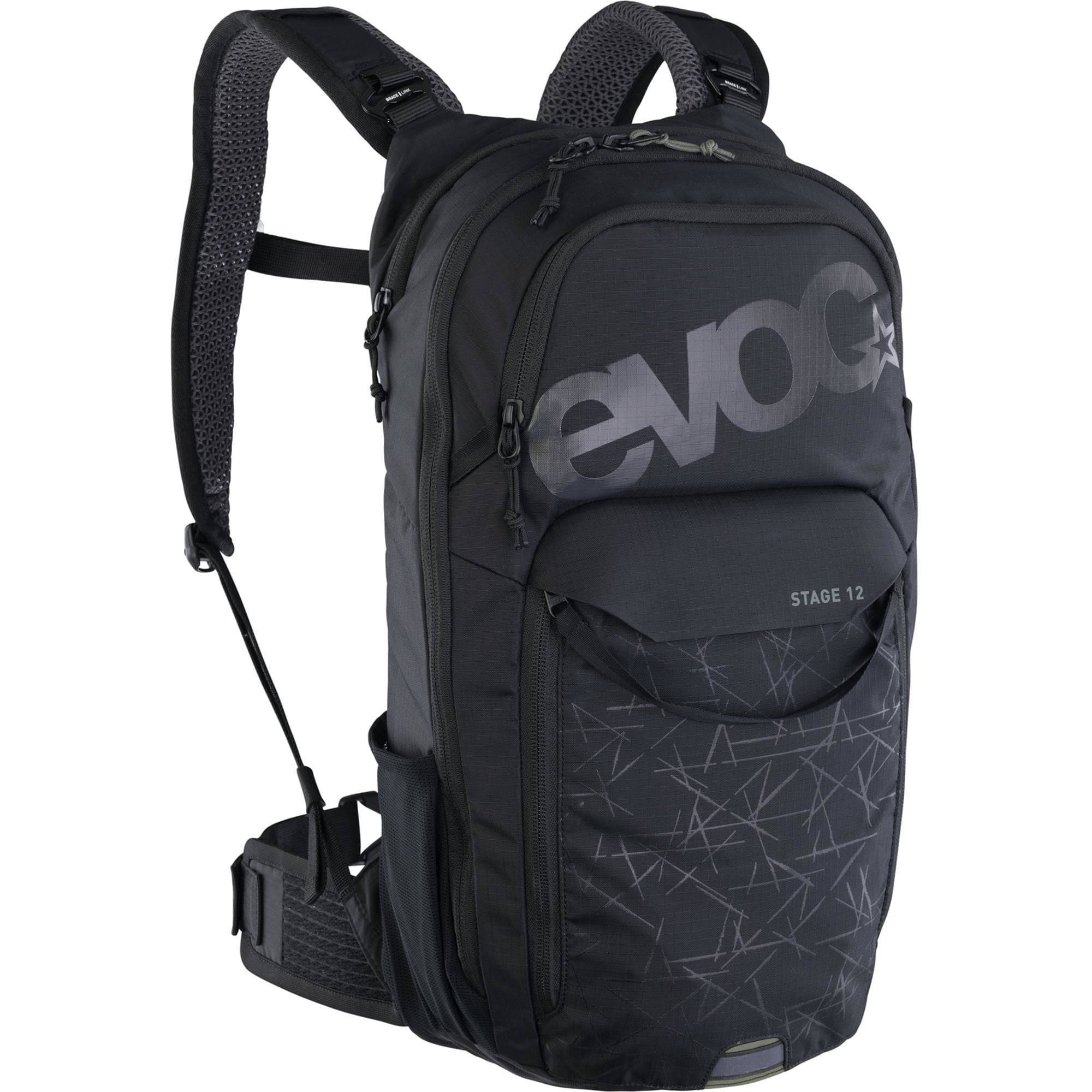 EVOC Stage 12L performance backpack with AIR FLOW CONTACT SYSTEM, designed for enduro riding, with adjustable straps and ventilation features.