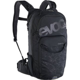 EVOC Stage 12L performance backpack with AIR FLOW CONTACT SYSTEM, designed for enduro riding, with adjustable straps and ventilation features.