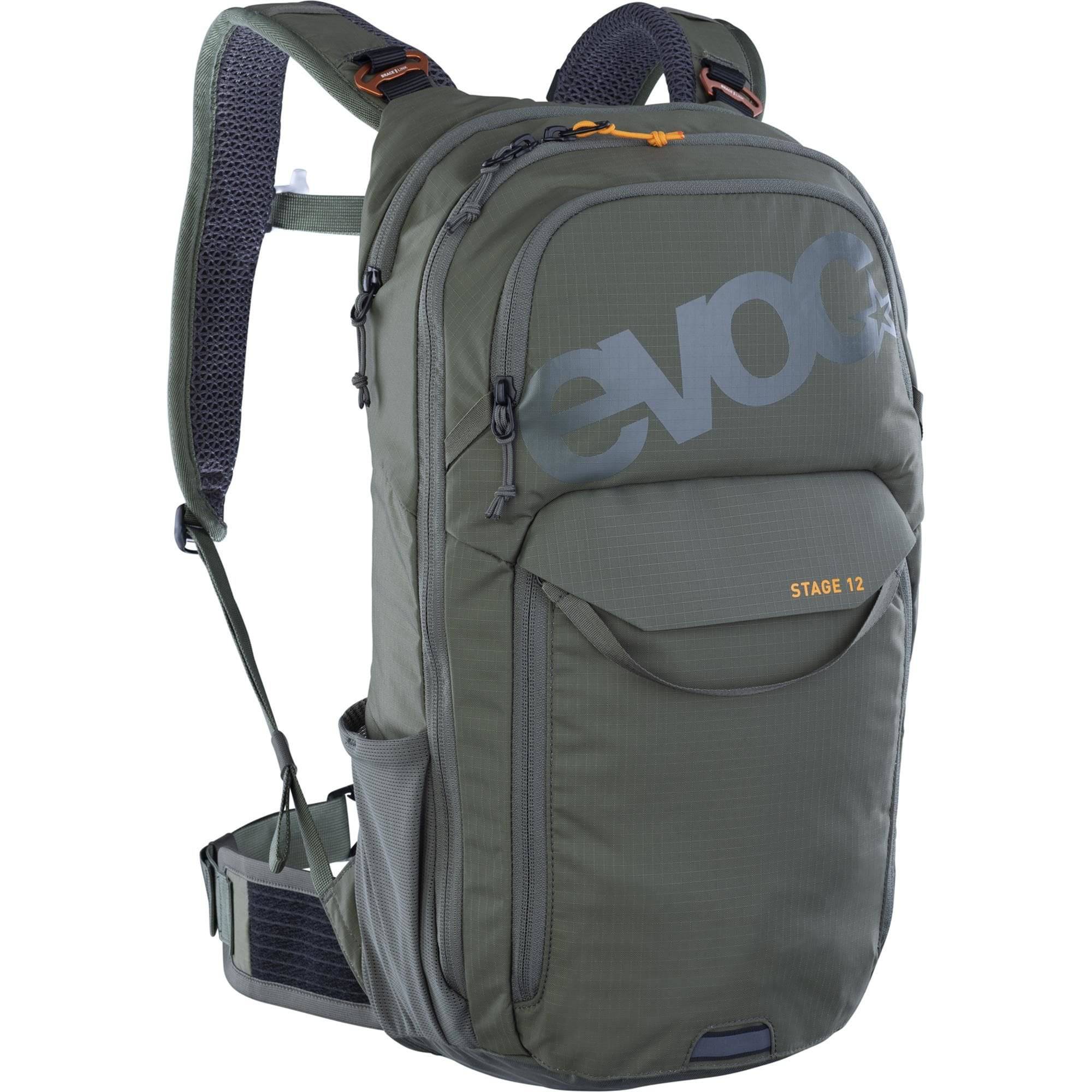 EVOC Stage 12L Performance Backpack with AIR FLOW CONTACT SYSTEM, designed for enduro biking and outdoor accessories