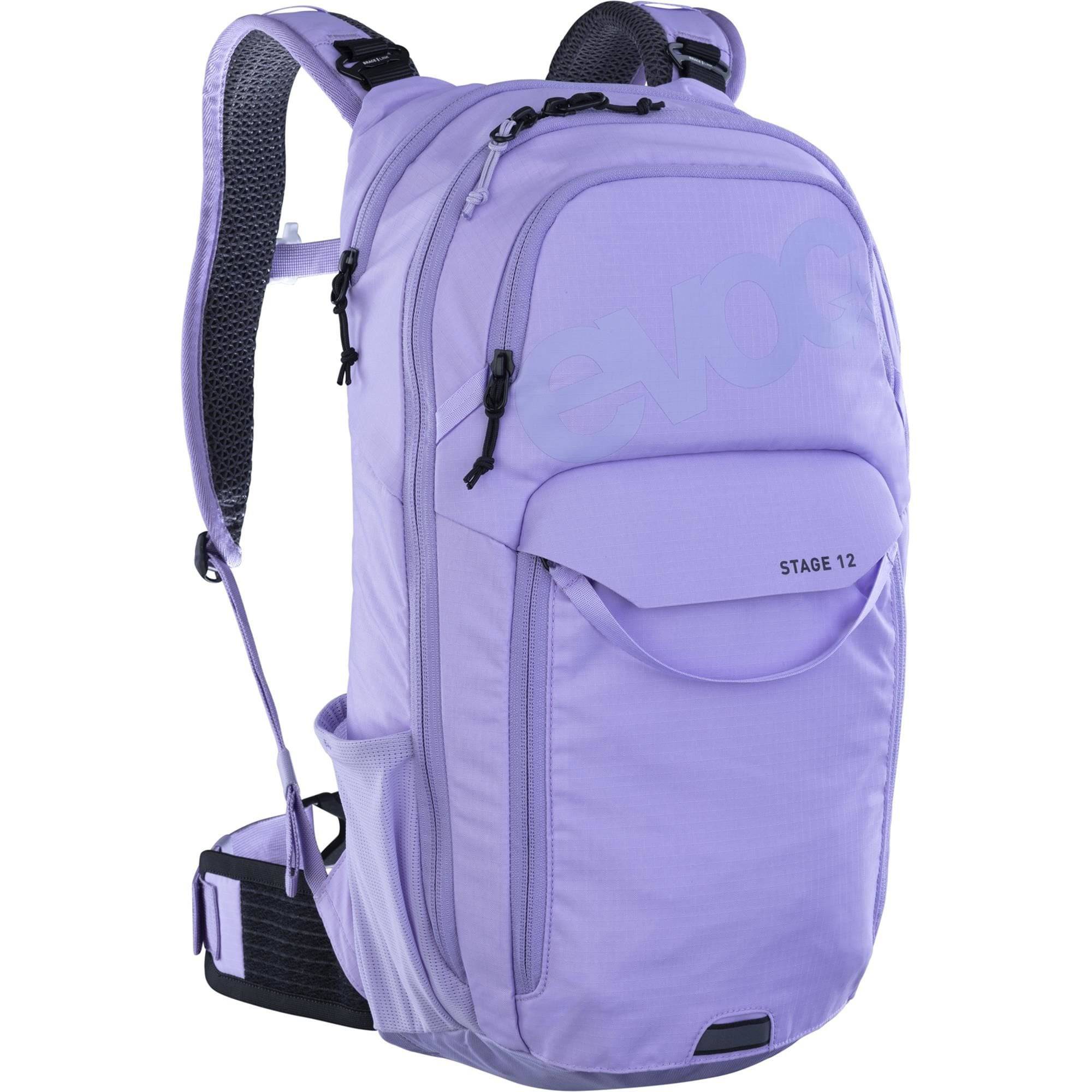 EVOC Stage 12L Performance Backpack with AIR FLOW CONTACT SYSTEM for enduro riding, shown with straps and ventilation features.