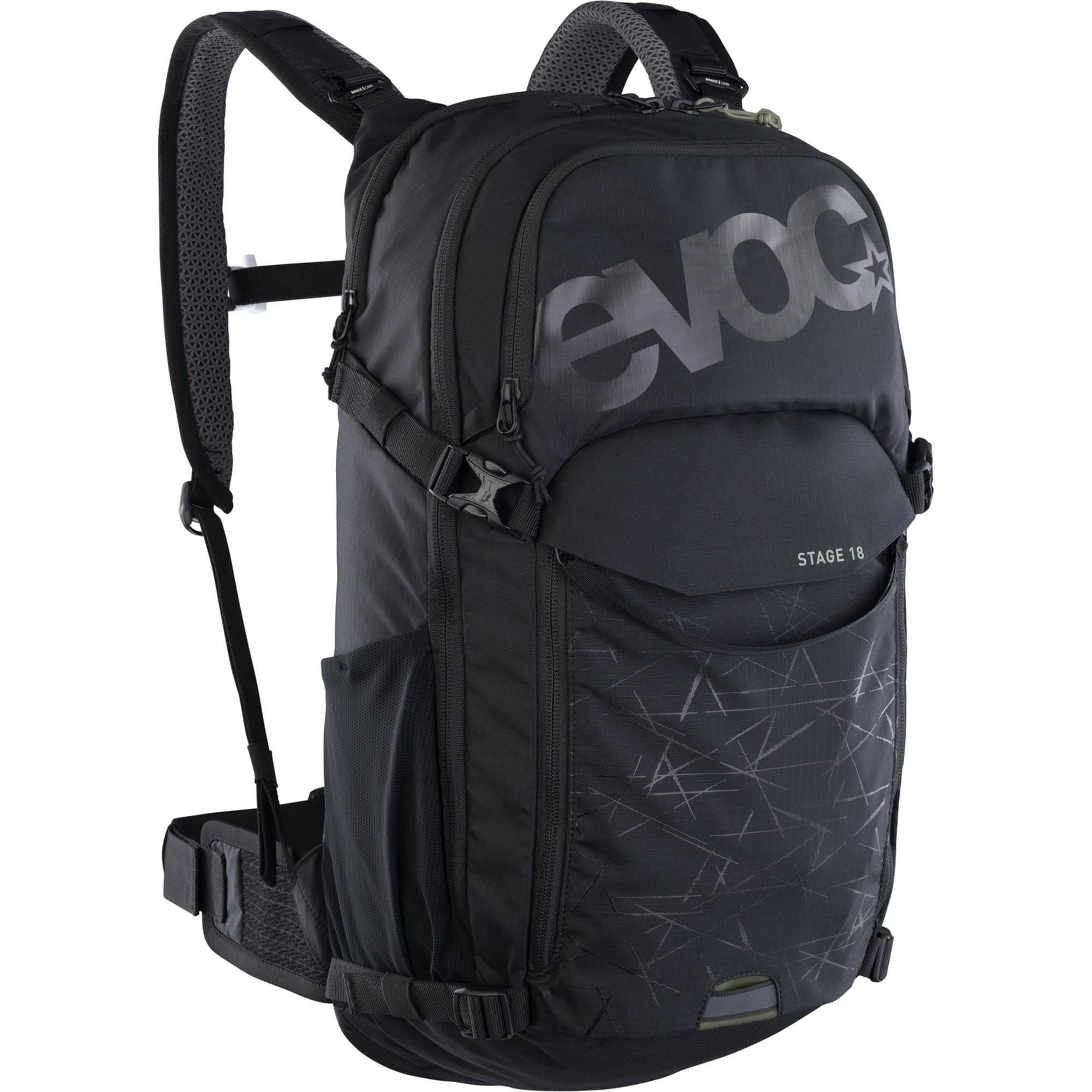 EVOC Stage 18L mountain biking backpack with ventilation, tool compartments, and durable straps for outdoor adventure.