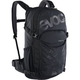 EVOC Stage 18L mountain biking backpack with ventilation, tool compartments, and durable straps for outdoor adventure.